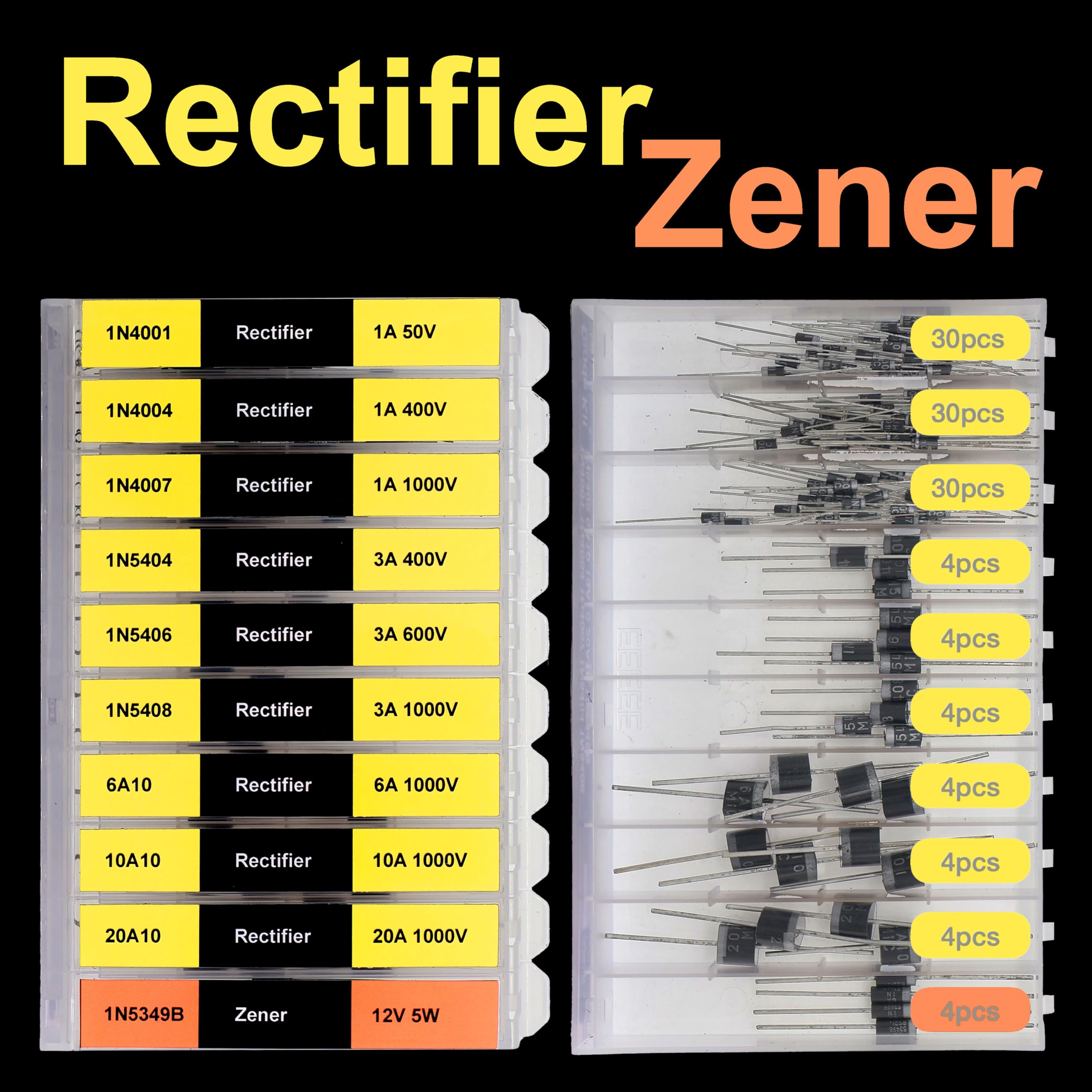 EEEEE 20 tipi 200 diodi assortiti kit 6A10 10A10 20A10 15SQ045 20SQ050 1N34A 1N914 SR560 DB3 1N5349B 1N4001 1N4004 1N44 7N4 7N4 7N4 4 5 4 04 litri. 1N5406 1N5408 1N4148 1N5817 1N5819 1N5822 Zener