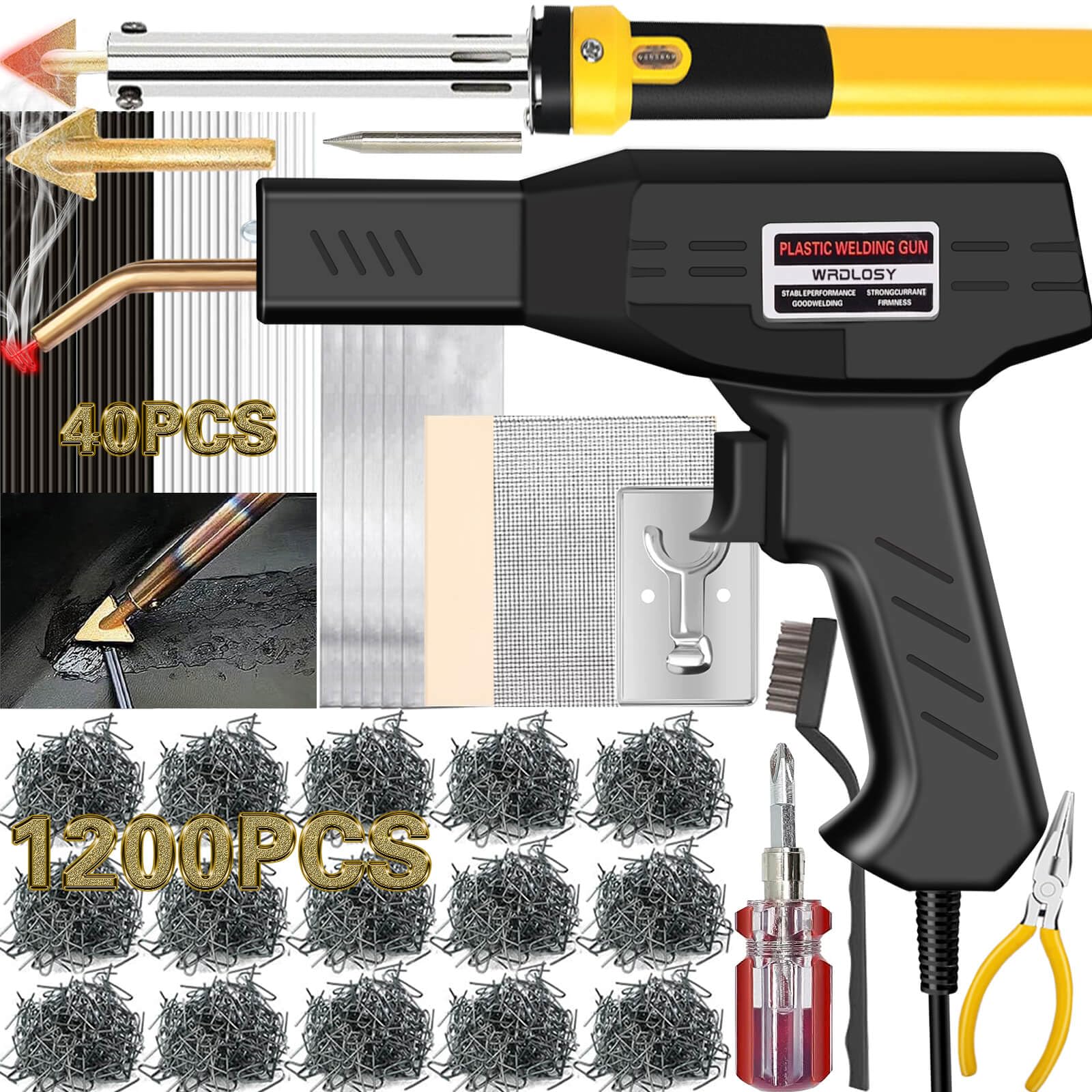 Wrdlosy 220W Plastic Welder, 1200PCS Staples 40PCS Rods Plastic Welding Kit, 5 in 1 Welding Tips Tape Sandpaper Wire Mesh Stand Metal Brush