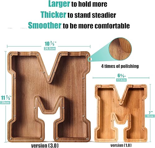Miniatura 253 de SummiDate Alcancía de madera con nombre, niños y niñas, tamaño grande, letras alfabeto A-Z, monedas y billetes, inicial en cubierta transparente
