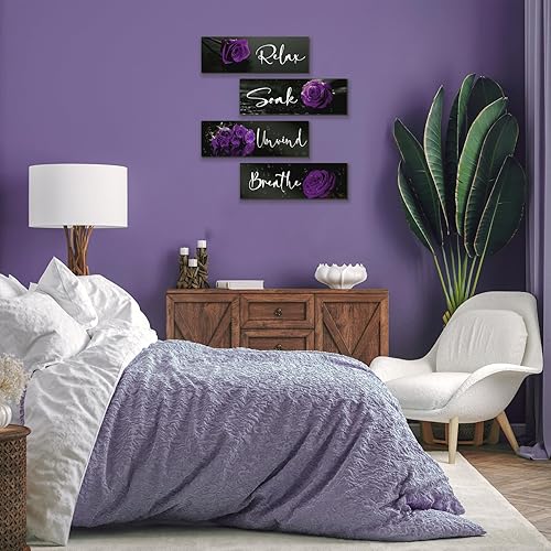 Miniatura 5 de 4 piezas de decoración de pared de baño morada, decoración de pared de rosa, accesorios de baño de madera con arte para relajarse, remojar y