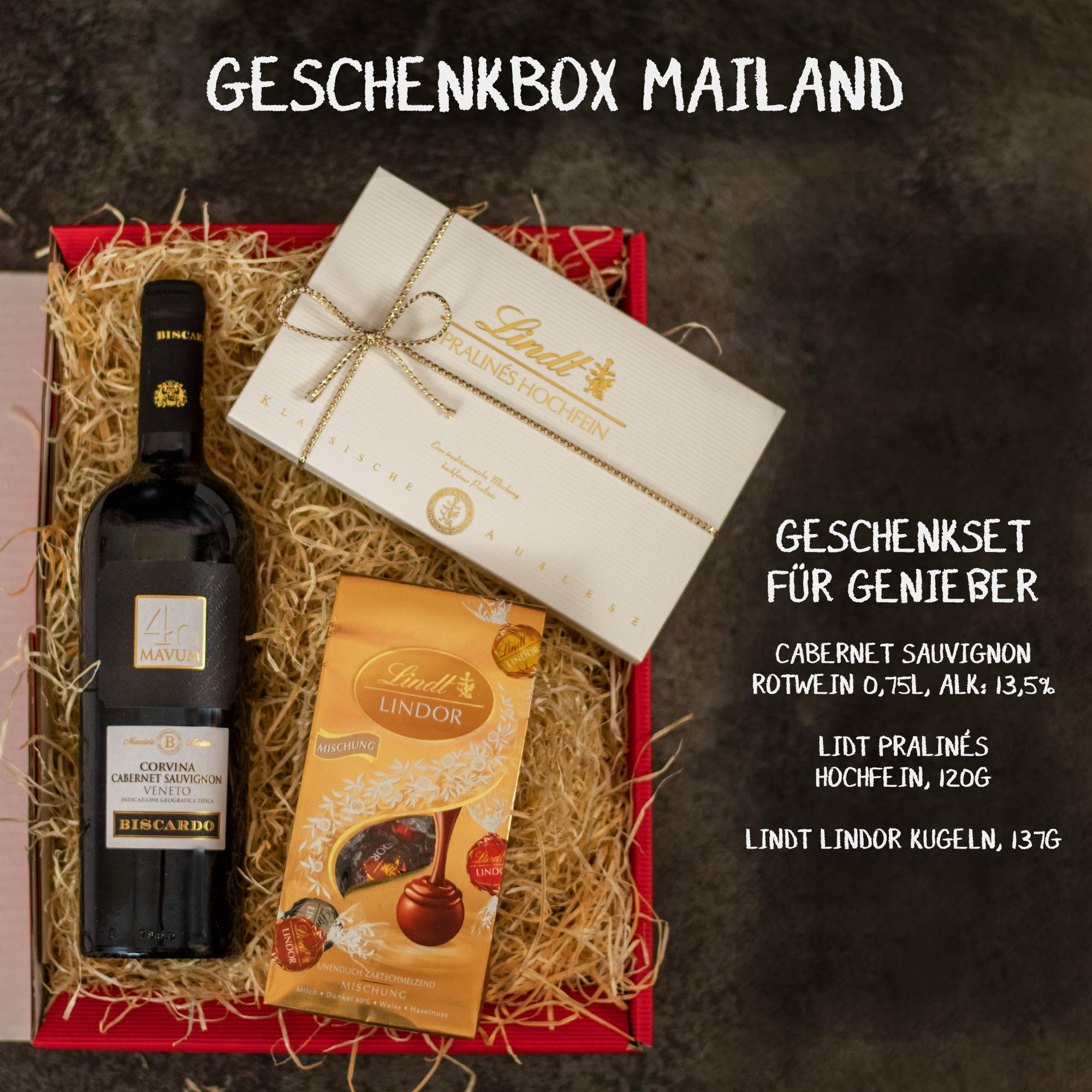 Geschenkset Mailand | Geschenkkorb gefüllt mit Rotwein & Lindt Pralinen | Wein und Schokolade Präsentkorb für Frauen & Männer zu Geburtstag, Dankeschön, Muttertag
