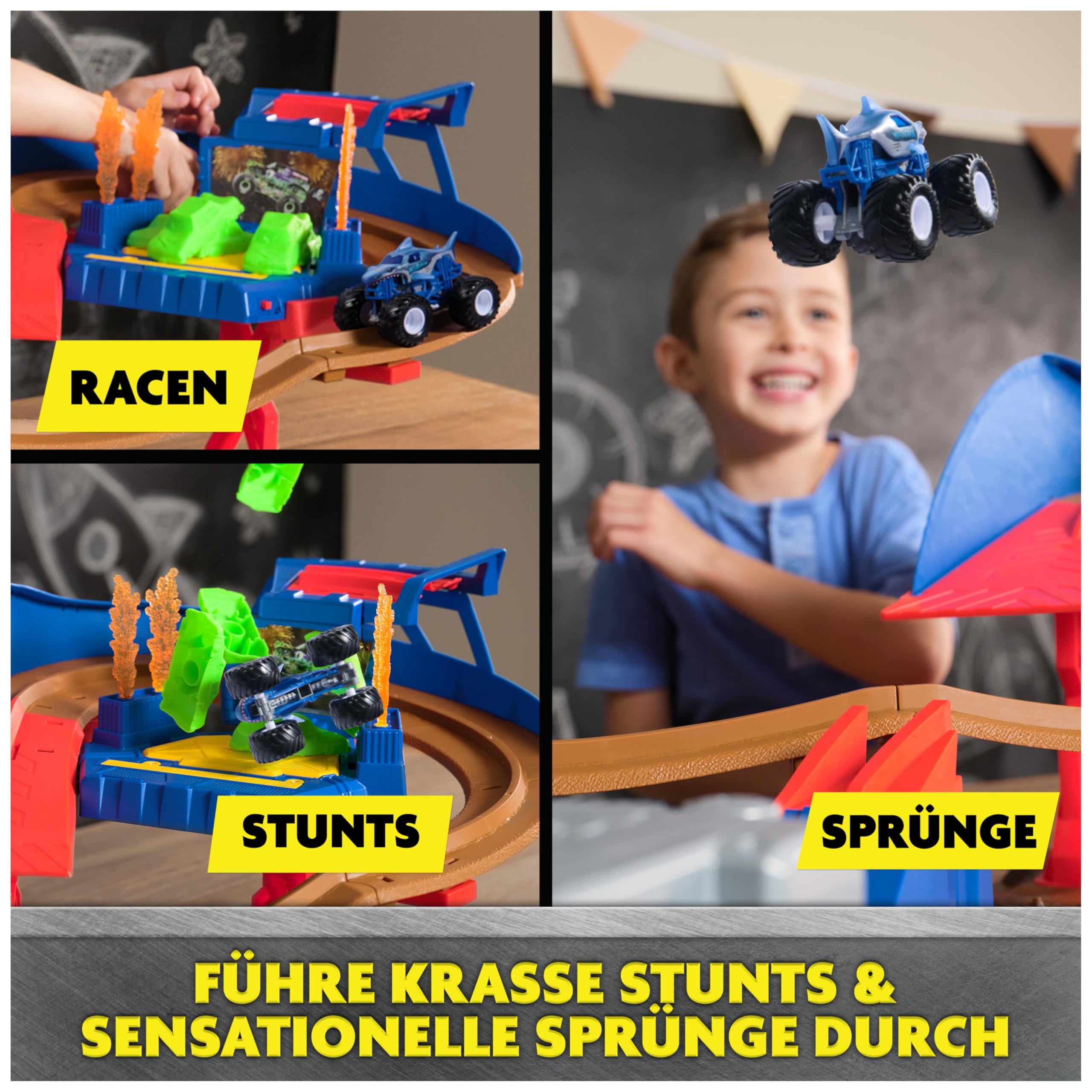 Monster Jam, Supercharge Speedway Spielset, mit den Trucks Megalodon und EL Toro Loco im Maßstab 1:64, actiongeladene motorisierte Stunt-Strecke mit Rampen, Beleuchtung und viel Zubehör, ab 3 Jahren | Maßstab 1:64, El Toro Loco und Megalodon, kompatibel m