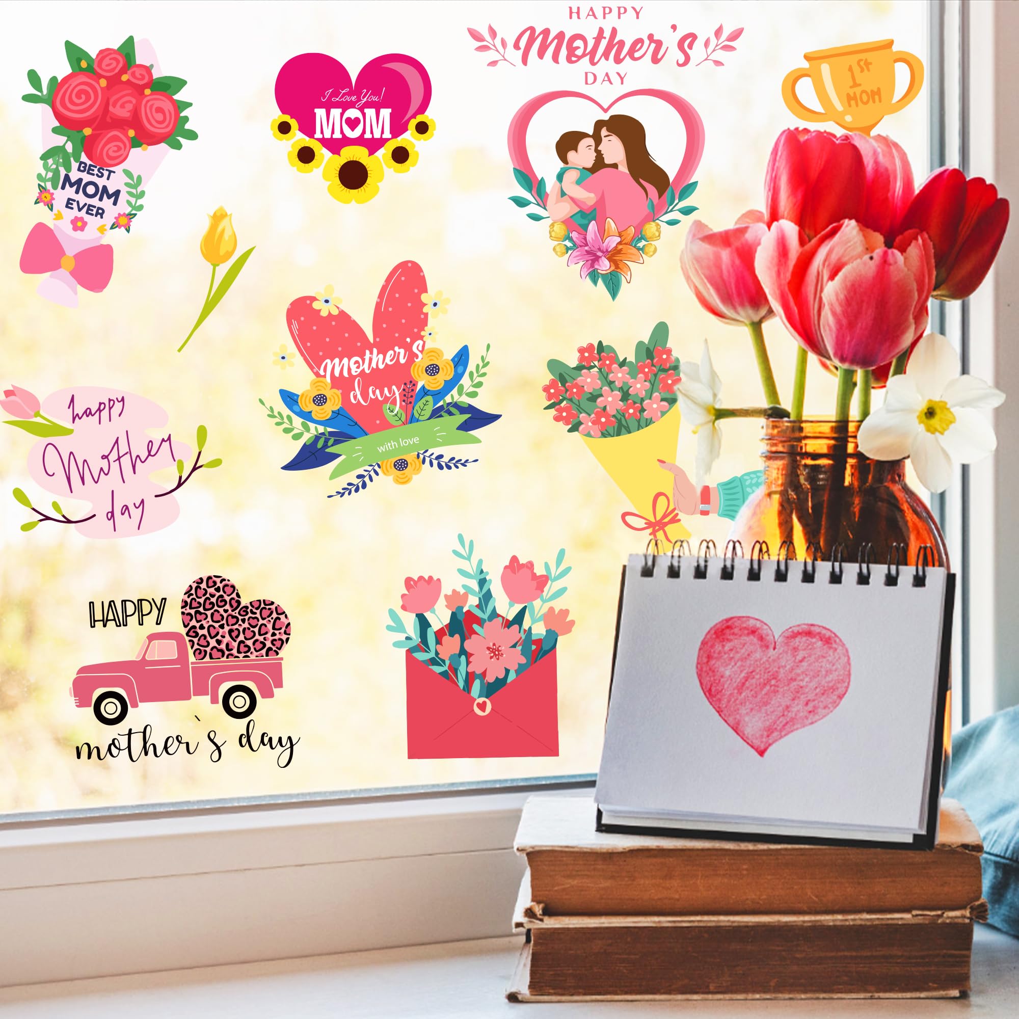 Autocollants fête des mères en PVC rose pour lui dire je t'aime avec des fleurs