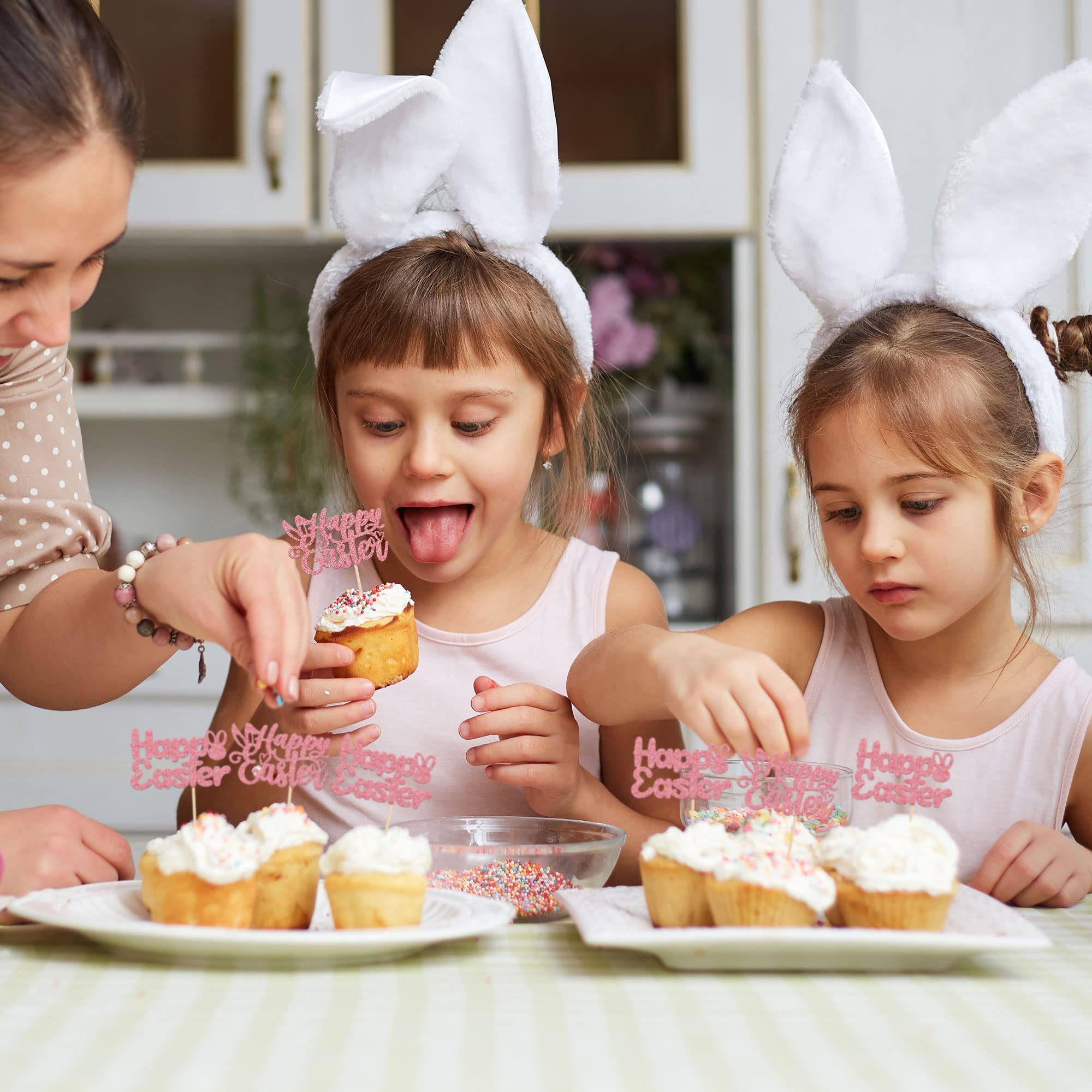 Gyufise Happy Easter Cake Topper – Rosa Glitzer Osterhase, 1 Stück, Für Oster-Partys & Babypartys