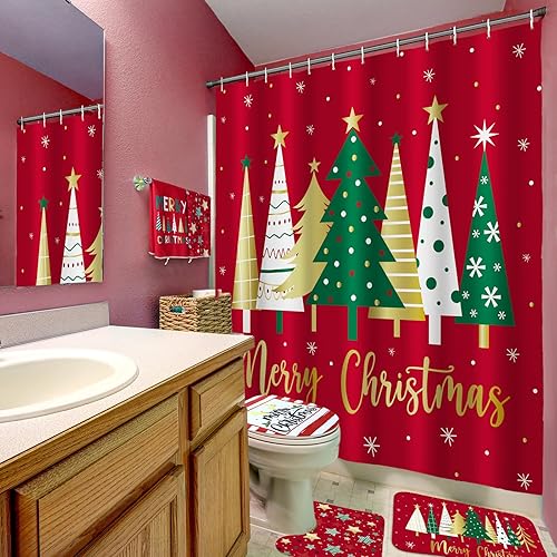Miniatura 6 de Honoson Juego de 8 cortinas de ducha de Navidad con alfombras y toallas de cocina, cortina de ducha para árbol de Navidad, juego de baño para casa