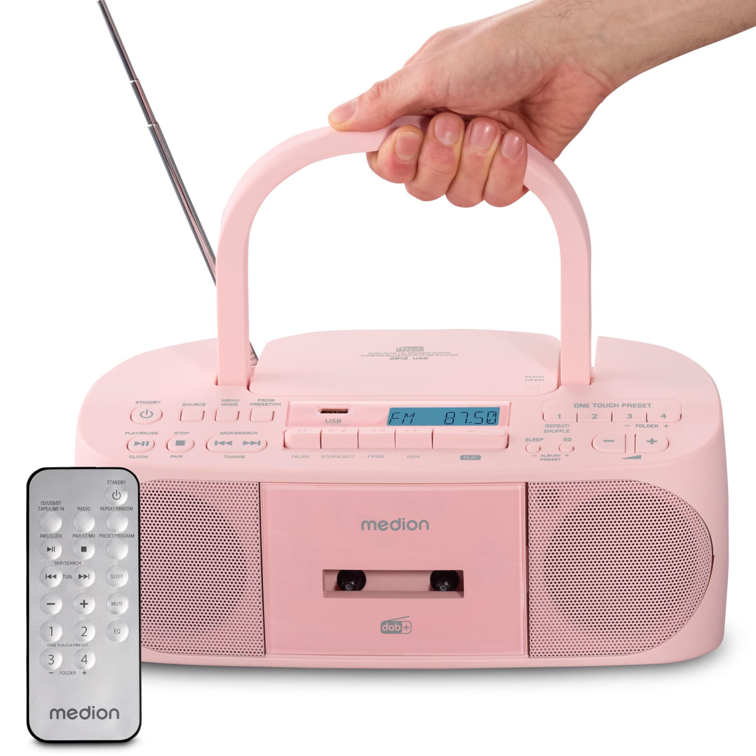 MEDION DRX-1 Plus Boombox (przenośne radio DAB+ FM, Bluetooth, odtwarzacz CD, MP3, kaseta, gniazdo słuchawkowe, system stereo Sound, AUX, sieć i bateria) różowy