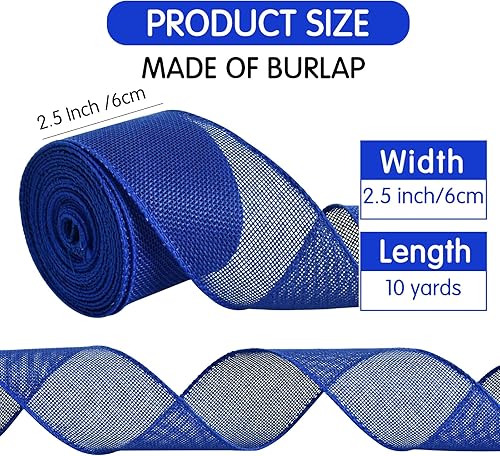 Miniatura 2 de TONIFUL Cinta de arpillera con alambre, cintas de arpillera sintética de 2.5 pulgadas, cinta de arpillera azul real para Navidad, decoración del
