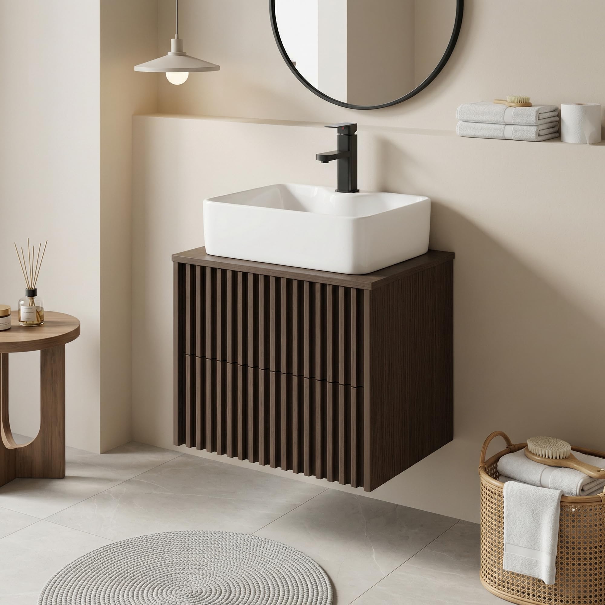 UEV Waschbeckenunterschrank für Gäste-WC/kleines Bad, Waschtisch kleine 61cm, Badschrank, Badezimmerschrank, Waschtischunterschrank hängend, Waschplatz ausreichend Stauraum Platzsparender Dunkelbraun