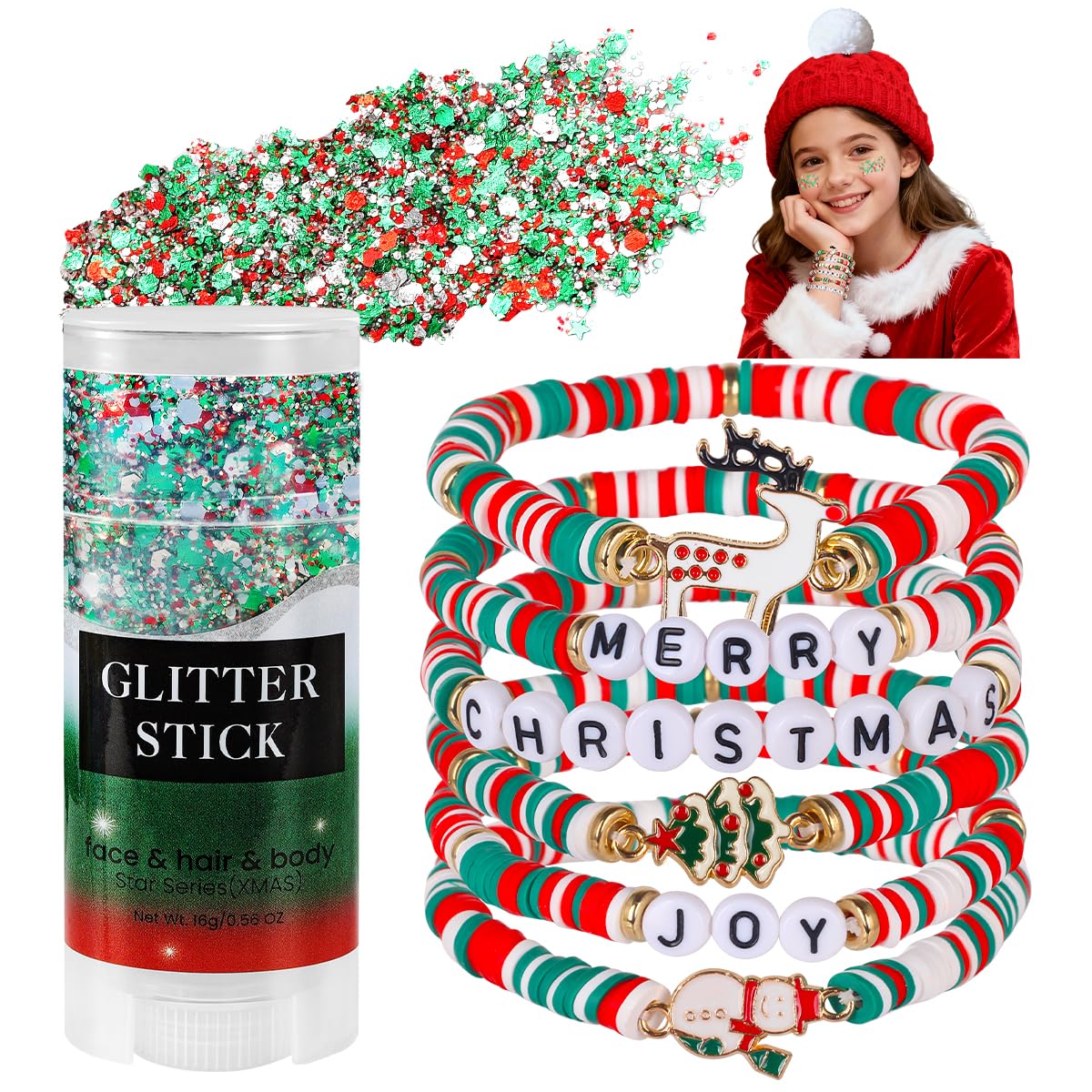 Mysense Christmas Glitter Stick for Face Hair Body and 6 Pack Joy & Merry Christmas Bracelets Set,Christmas Accessories for Women,Festive Stocking Stuffers,Party Favors and Decorations