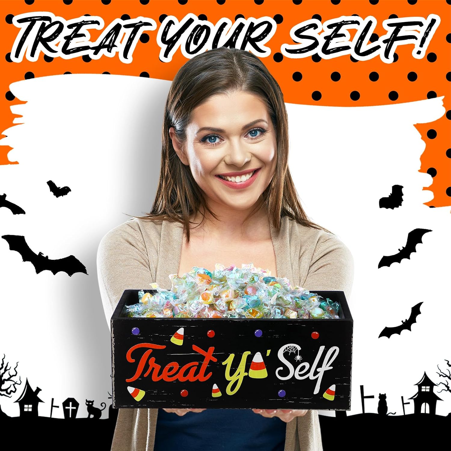 Halloween Wooden Candy Bowl Trick or Treat Serving Dish, Treat Yo Self