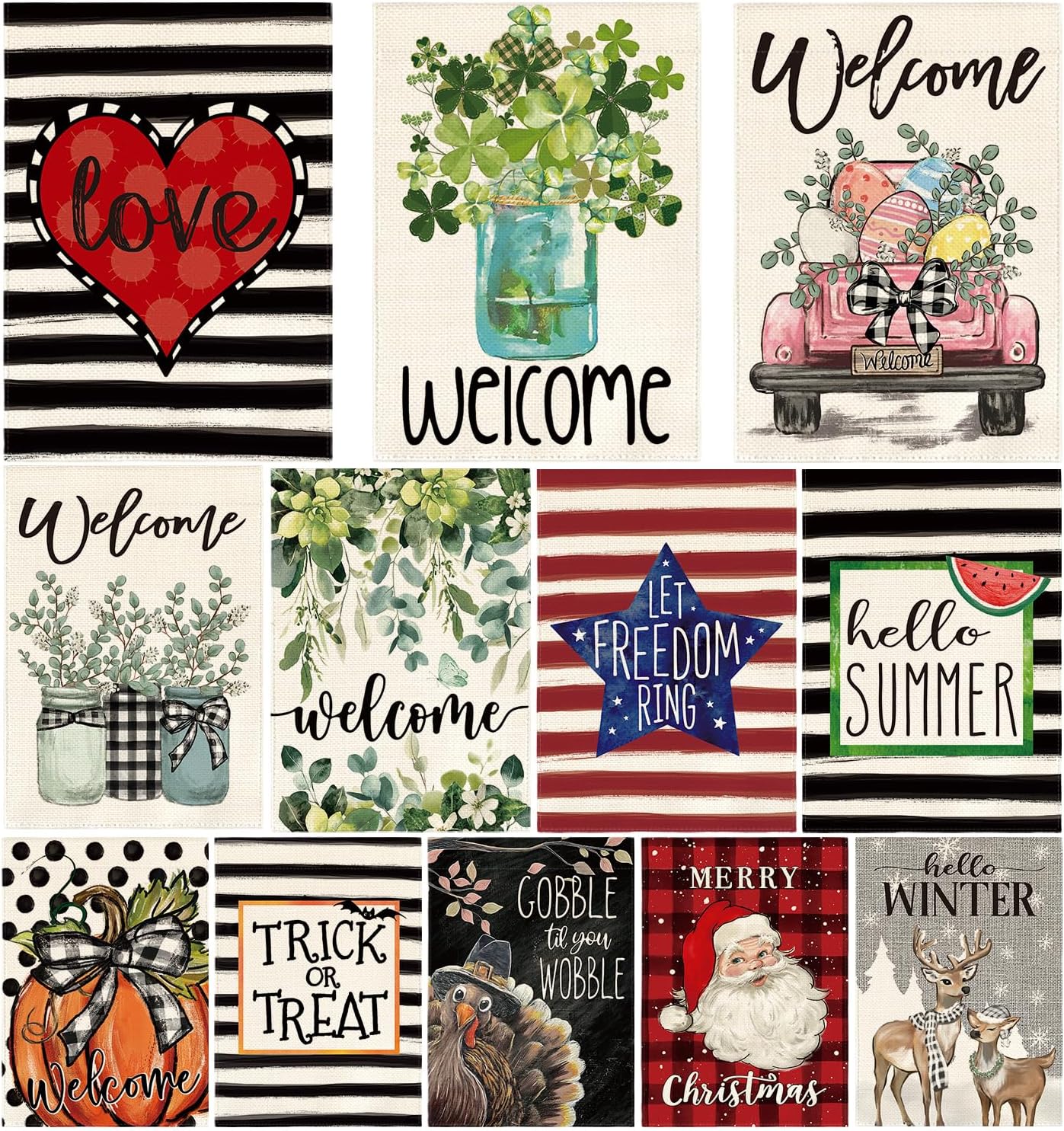 AVOIN colorlife Set of 12 Seasonal Holiday Garden Flags 12x18 Inch Double Sided - Weatherproof Outdoor Yard Farmhouse Decor