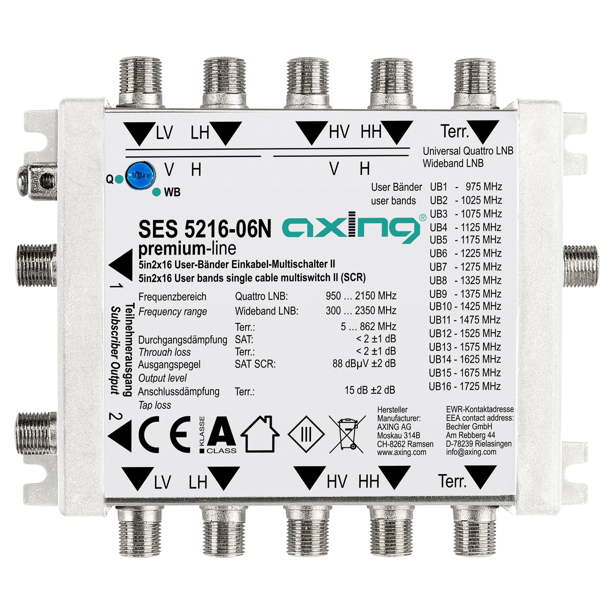 Axing SES 5216-06N SAT multiprzełącznik jednodowy 5 w 2 × 16 uczestników SatCR Unicable