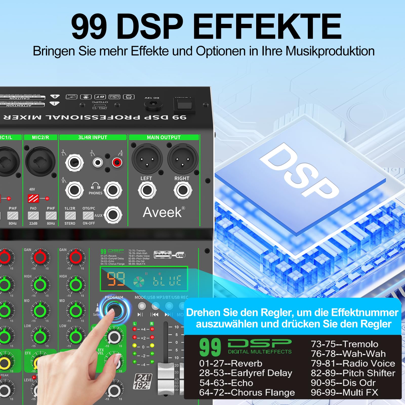 Aveek Audio Mixer,Professionelles Soundboard-Mischpult mit USB-Stick/Bluetooth/Computer/4-Kanal-Stereo-Eingang DJ Mixer,48V Phantom Digital 99 DSP-Effekt für PC-Aufnahme Karaoke Studio Streaming