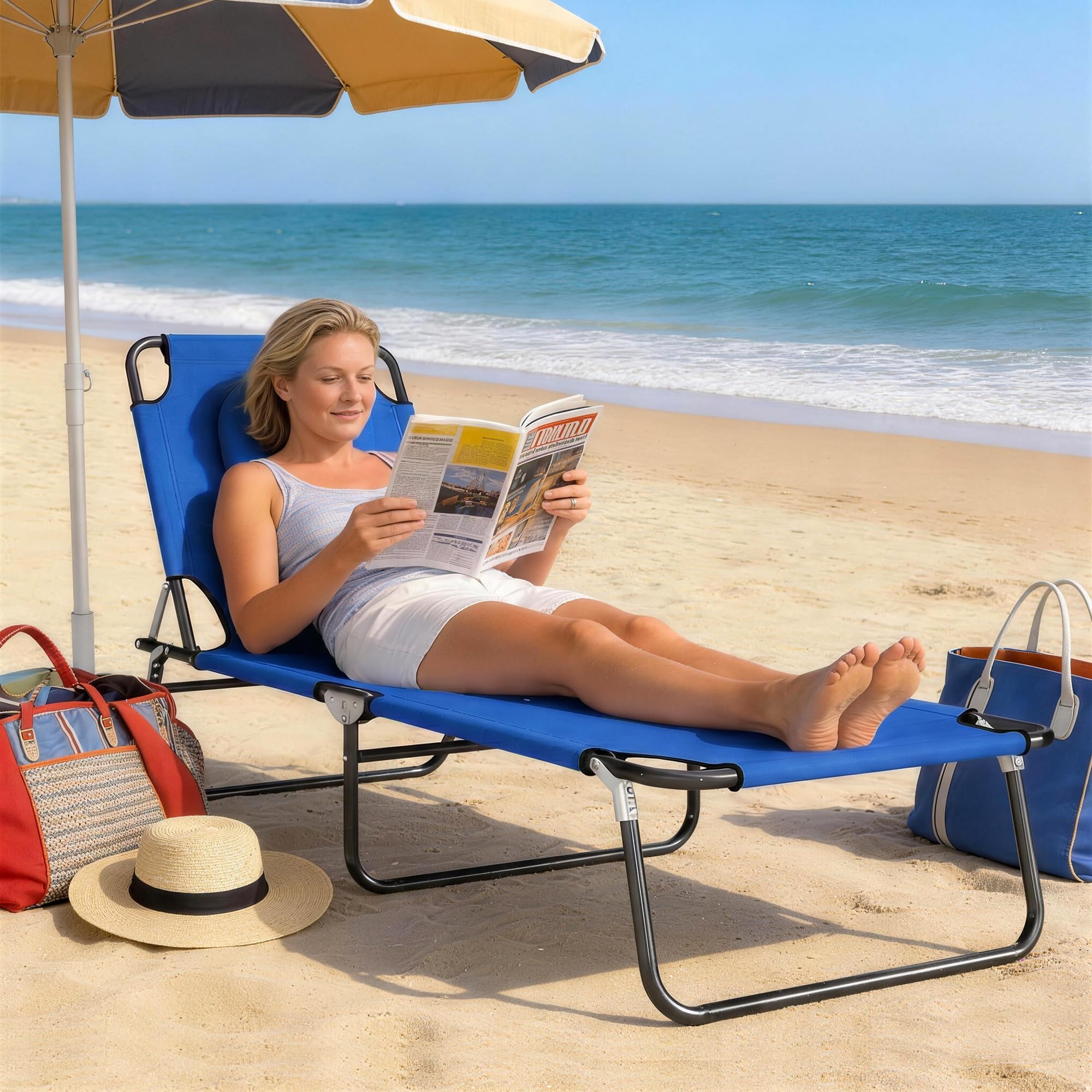 Outsunny Tumbona Plegable con Respaldo Regulable en 4 Posiciones Tumbona de Jardín con Orificio de Lectura Almohada Marco Metálico y Tela Oxford para Playa Terraza Carga 120 kg 190x56x28 cm Azul
