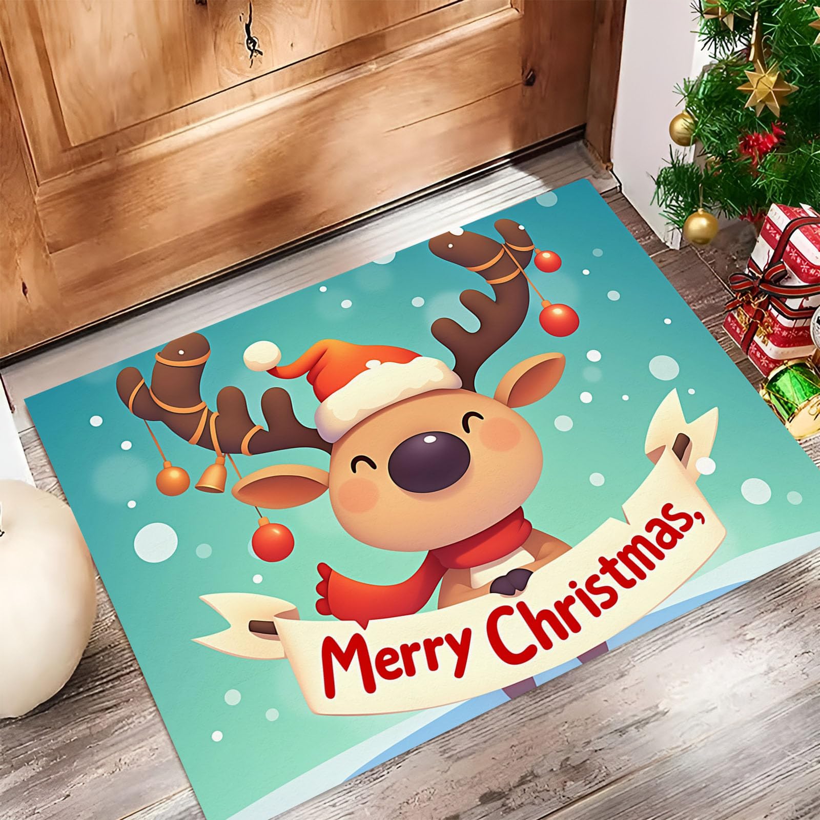 Felpudo Decorativo Navidad, 90X150Cm Alfombra Puerta Lavables Feliz Navidad, Alfombra Reno De Dibujos Animados Antideslizante, Felpudo Entrada Turquesa para Pasillo Salón Baño Cocina