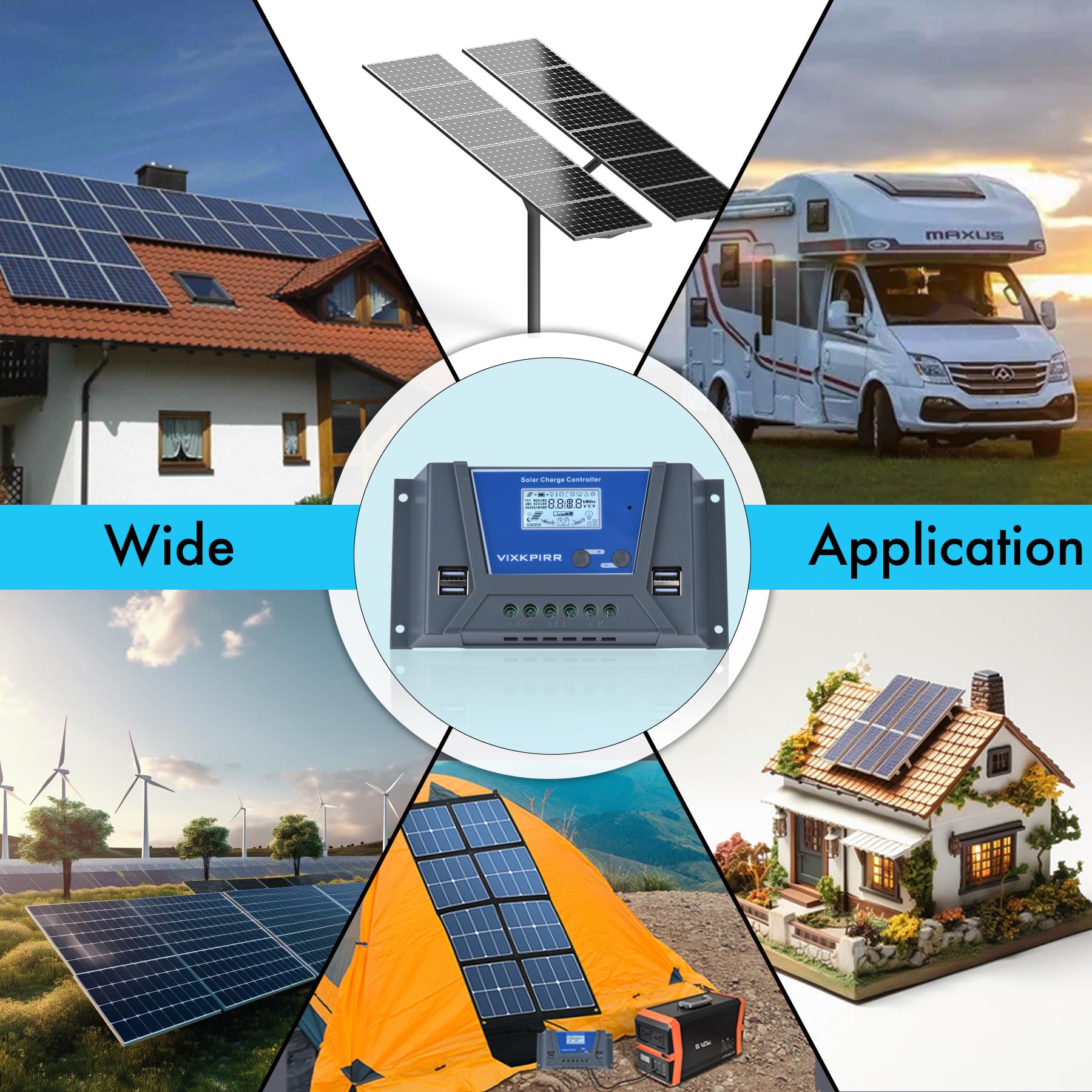 20A Solar Laderegler 12V 24V mit Bluetooth, PWM 20A Solarladeregler mit Temperatursensor LCD Anzeige und 4 USB Ports, Solarregler für Multi 12V 24V Blei Batterien und Lithium Batterien