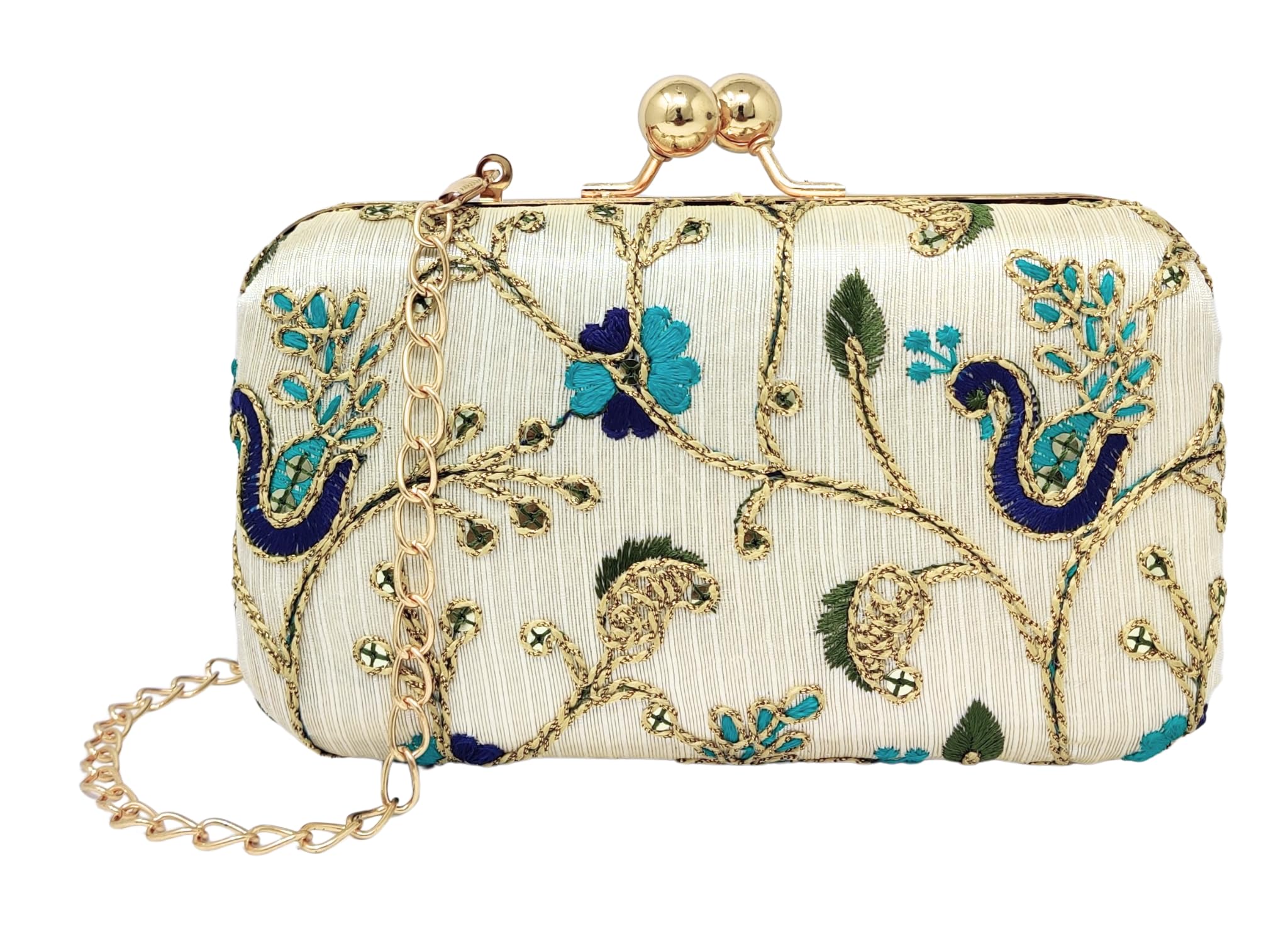 Floral Embroidered Evening Clutch Bag for Women and Girls, Gold Detachable Chain, Kiss Lock Closure, Multi-Colour, Ladies Purse Handbag