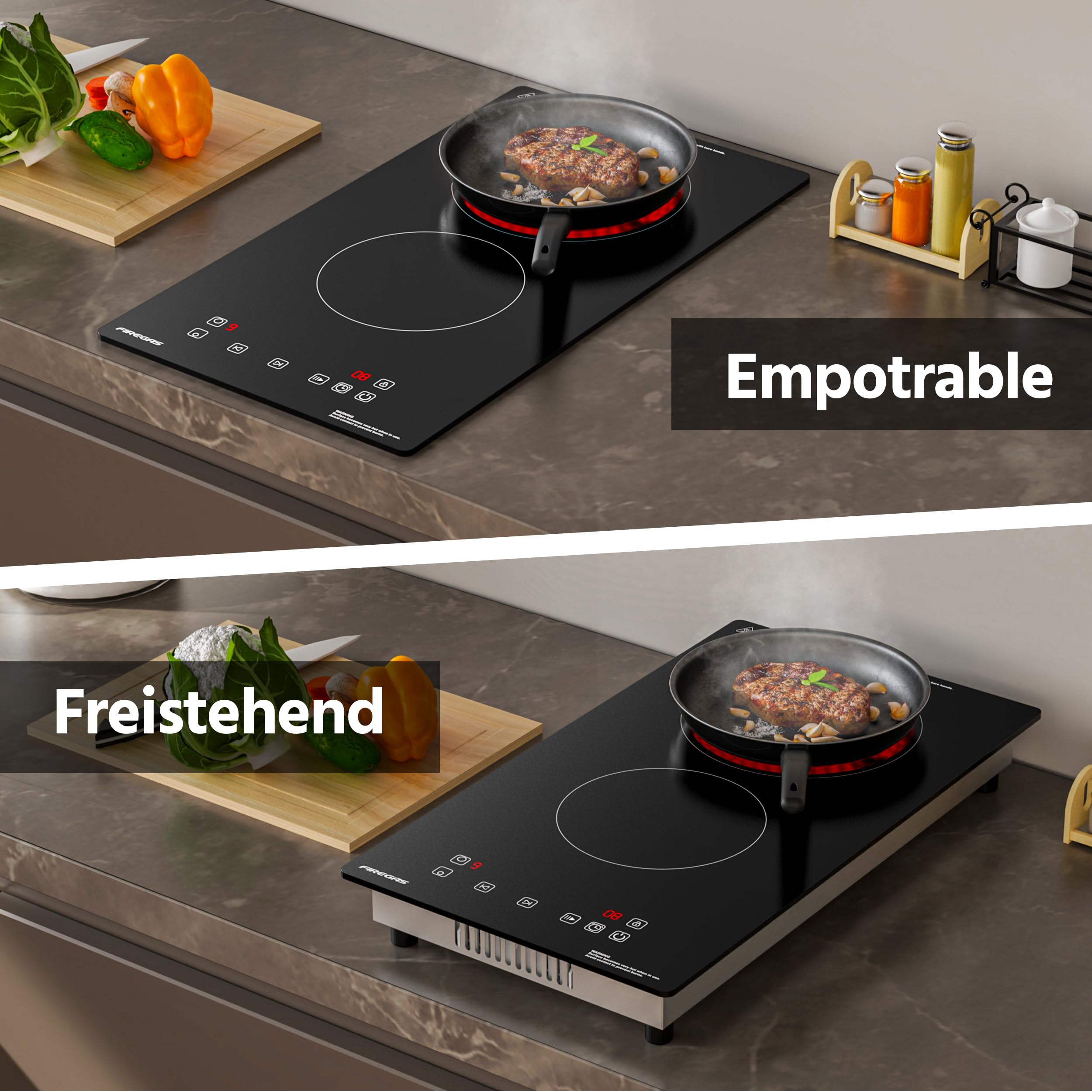FIREGAS Domino Glaskeramikkochfeld 3000W 9 Leistungsstufen Sensor-Touch-Steuerung Kindersicherung Timer 2 Platten
