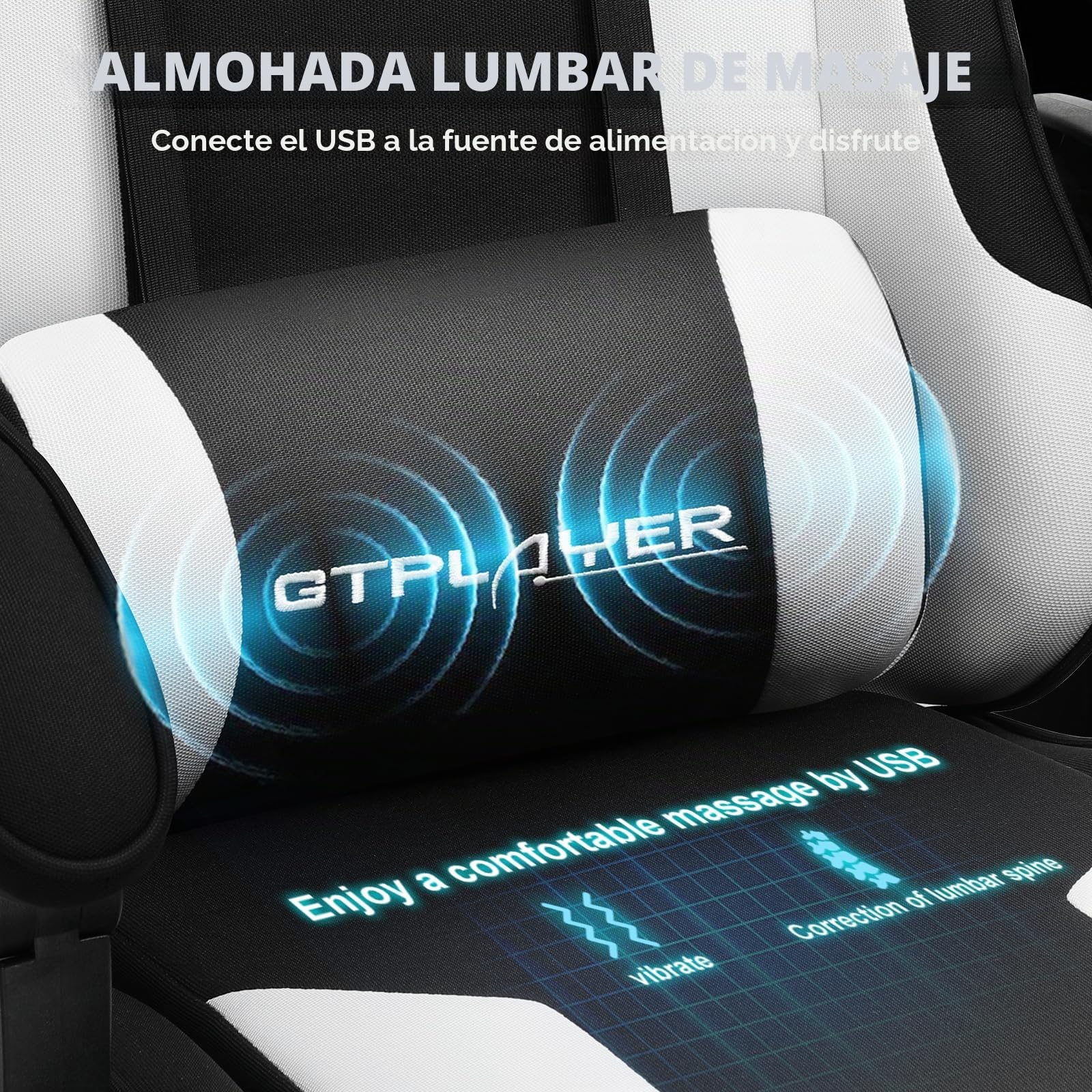 GTPLAYER Silla Gaming con Masajeador Ergonómica Silla Gamer con Reposapiés Reposacabeza, Silla de Oficina Ergonómica, Soporte Lumbar, Silla Juego Ajustable en Altura, Tela Blanco