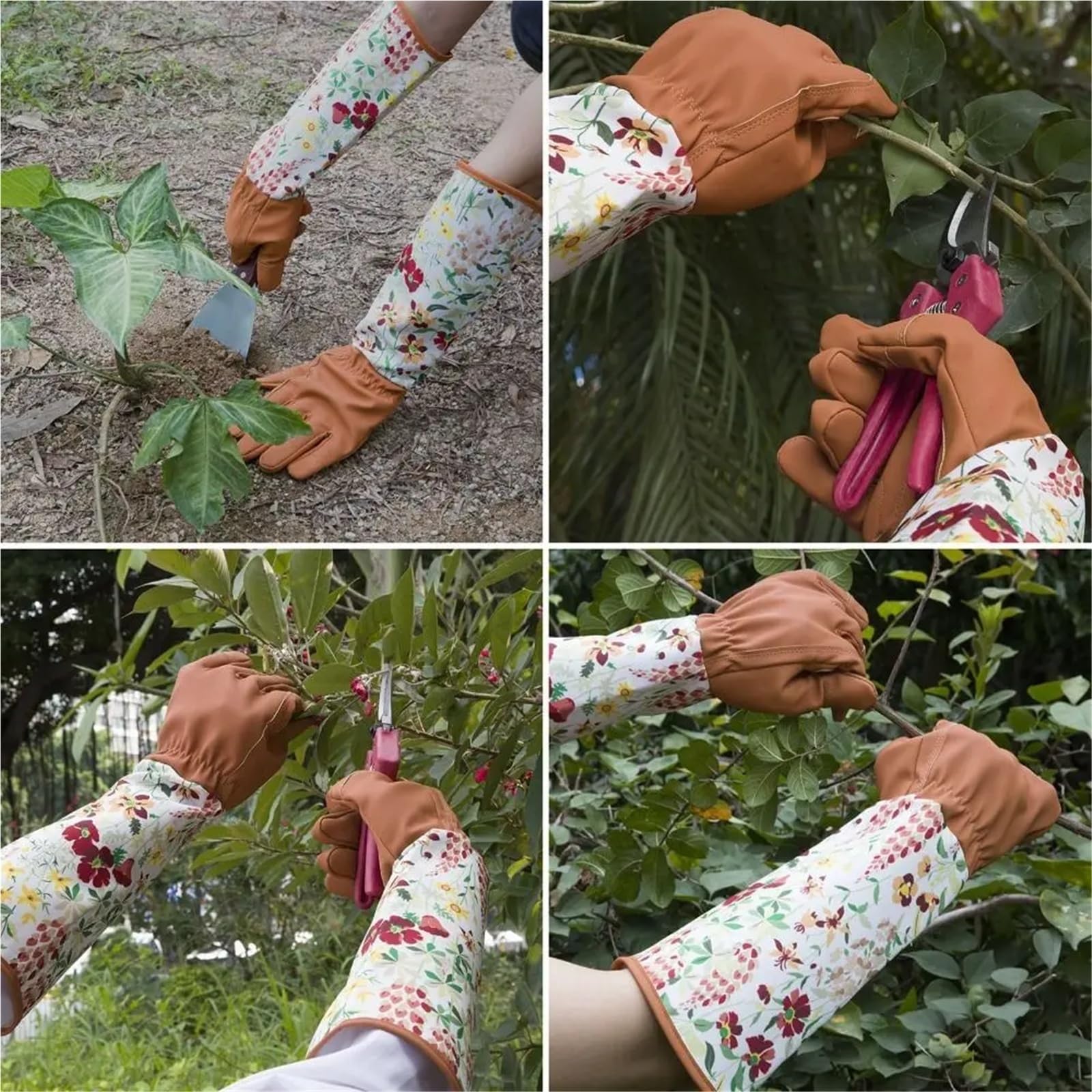 Generico Guanti da giardinaggio antispina a manica lunga, guanti di sicurezza traspiranti con stampa floreale for lavori domestici di potatura delle rose