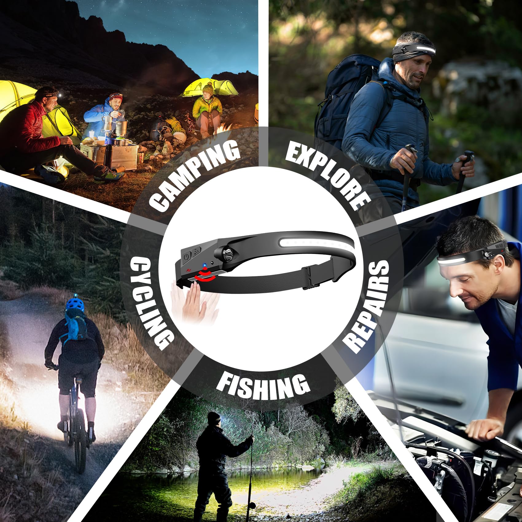 Linterna frontal recargable, paquete de 8, linterna LED superbrillante con haz ancho de 230°, sensor de movimiento, 5 modos de lámpara de cabeza impermeable para senderismo, correr, camping
