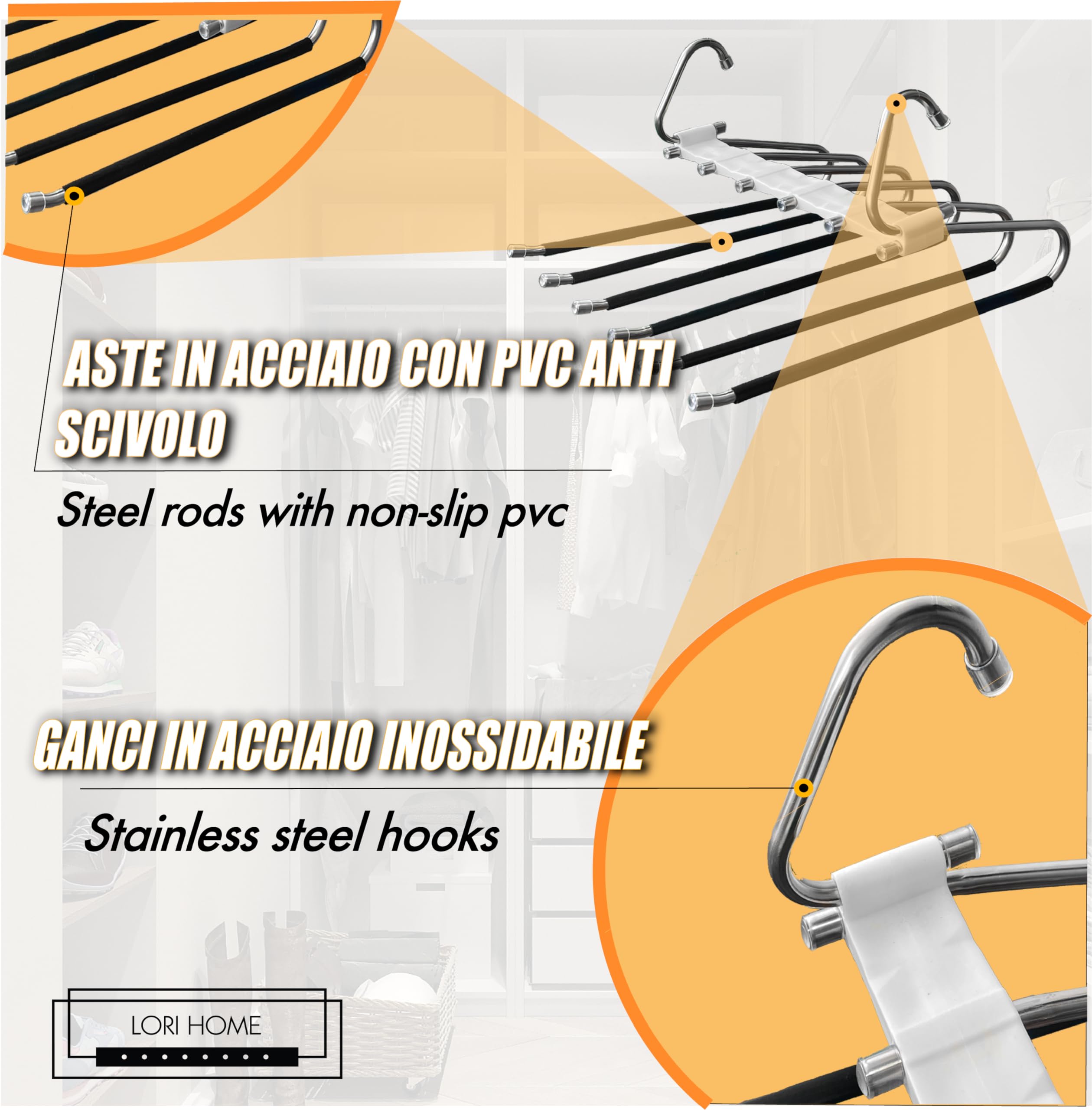 Grucce Pantaloni Salvaspazio - Set 2 Con 6 Ganci Antiscivolo In Acciaio - Foto 8