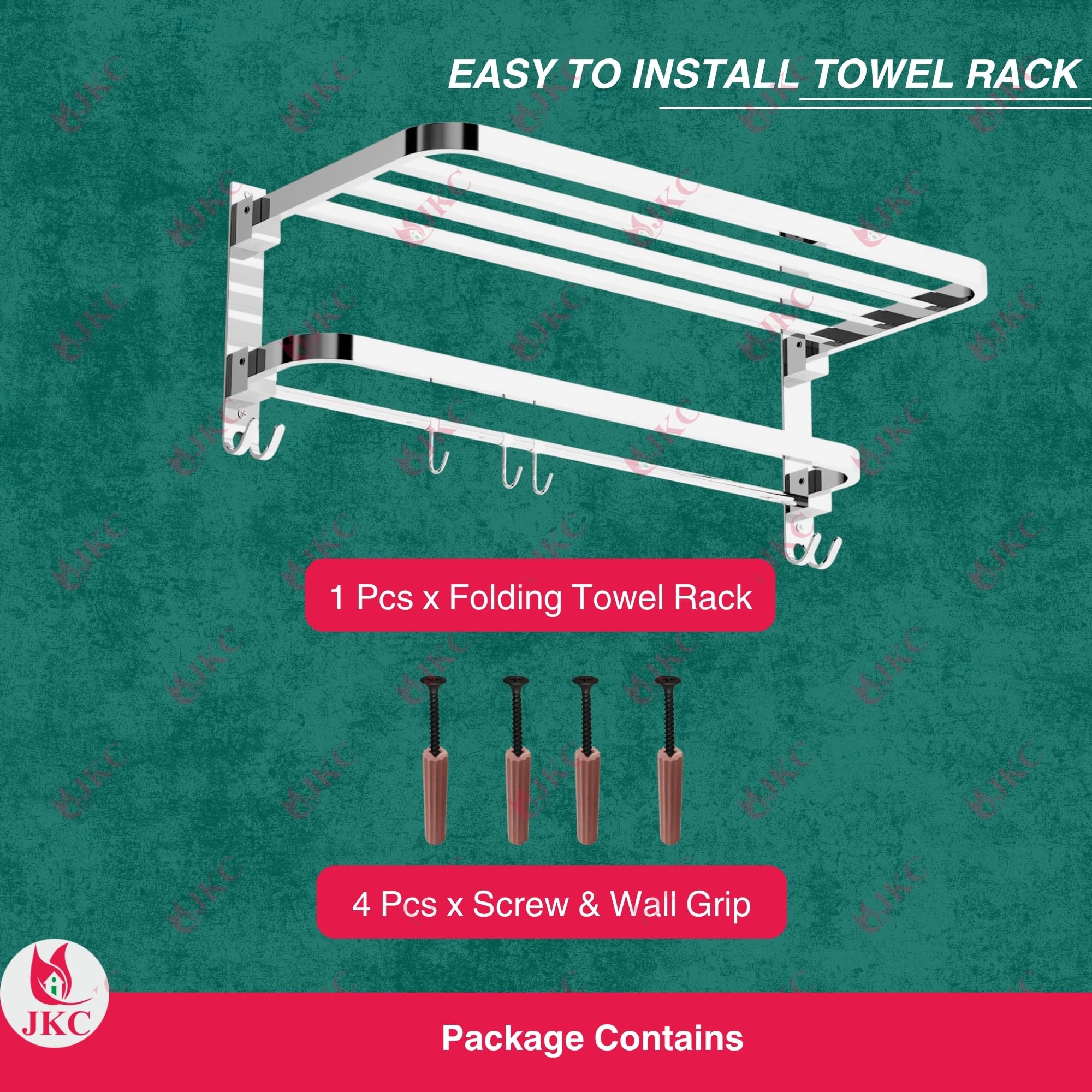 JKC SS Folding Towel Rack for Bathroom with Unique Foldable Rack Space Saving Design with Towel Rod and Cloth Hanging Hooks - Glossy 24 Inch 3