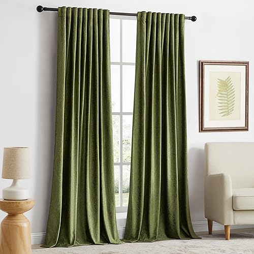 Miniatura 7 de GIGIZAZA Cortinas de terciopelo verde de 63 pulgadas de largo para sala de estar, 2 paneles de cortinas bohemias de lujo con estampado de flores en