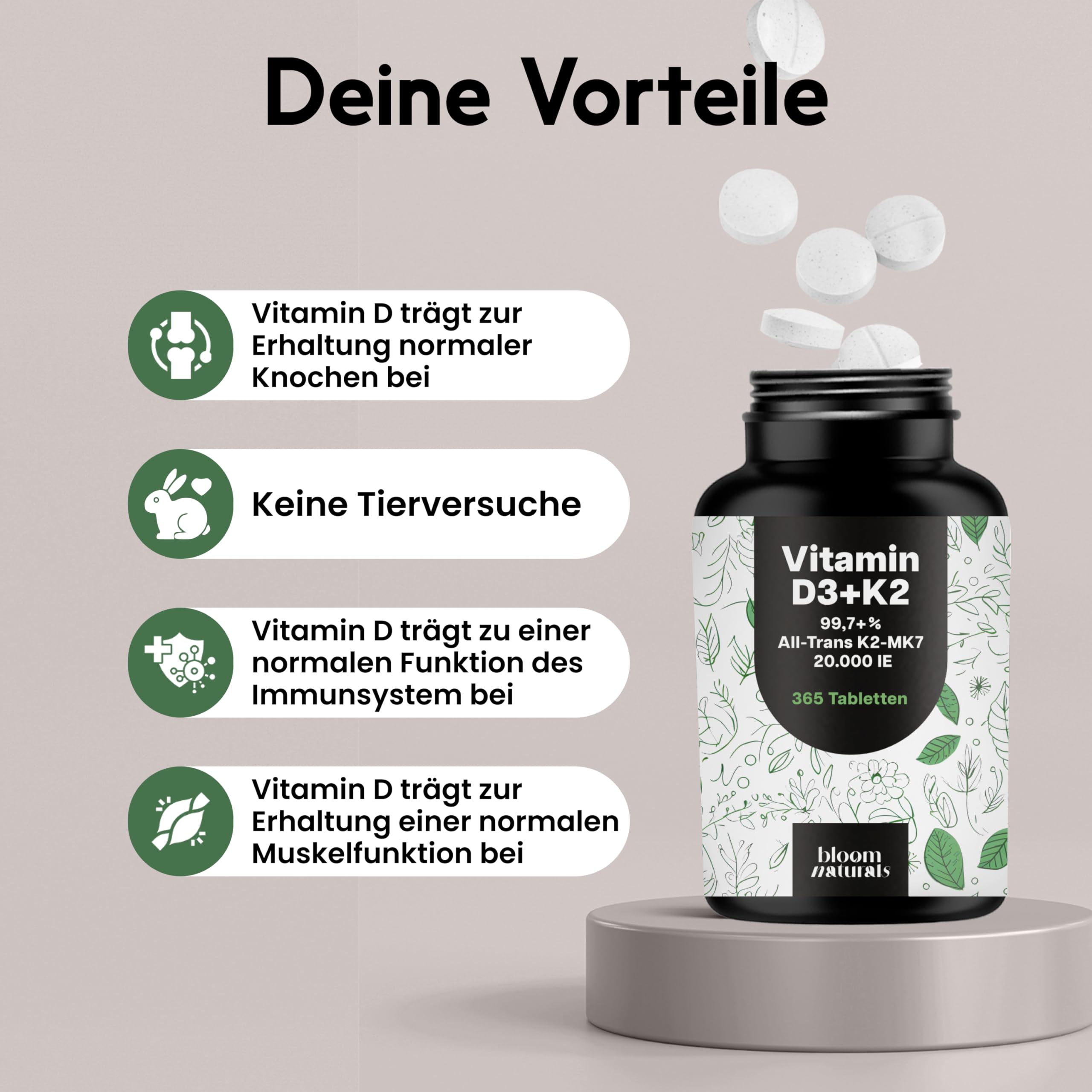 Vitamin D3 K2 hochdosiert – 365 Tabletten mit 20000 IE – 99,7+% All-Trans K2-MK7 - Vitamin D - produziert in Deutschland XXL Family Packung - Verpackung kann variieren