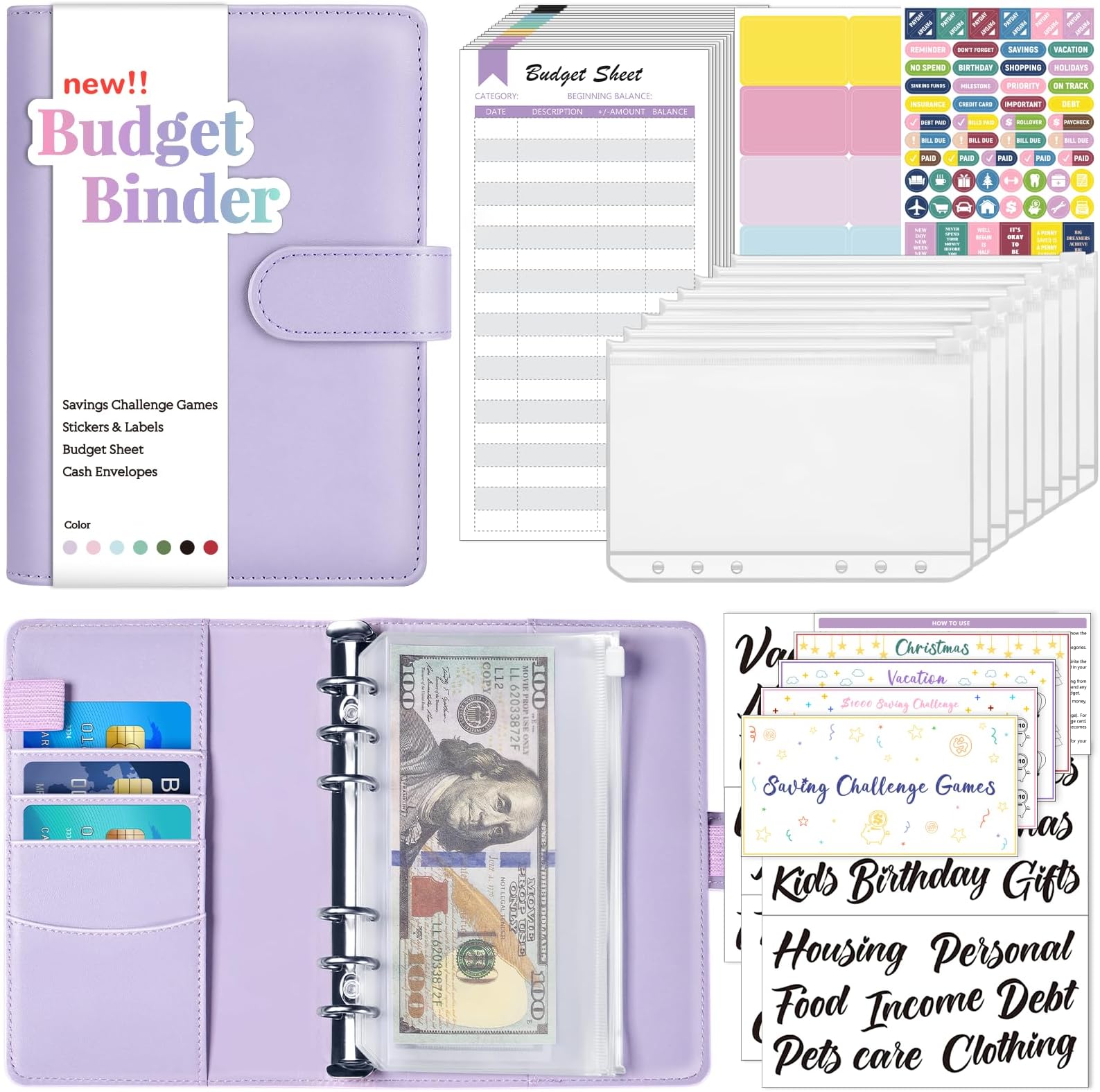 Sooez Budget Binder with Money Saving Challenge, Money Saving Binder with Cash Envelopes, Expense Sheets, Challenge Tracker & Category Labels, Envelope Savings Challenges Book for Home Office School