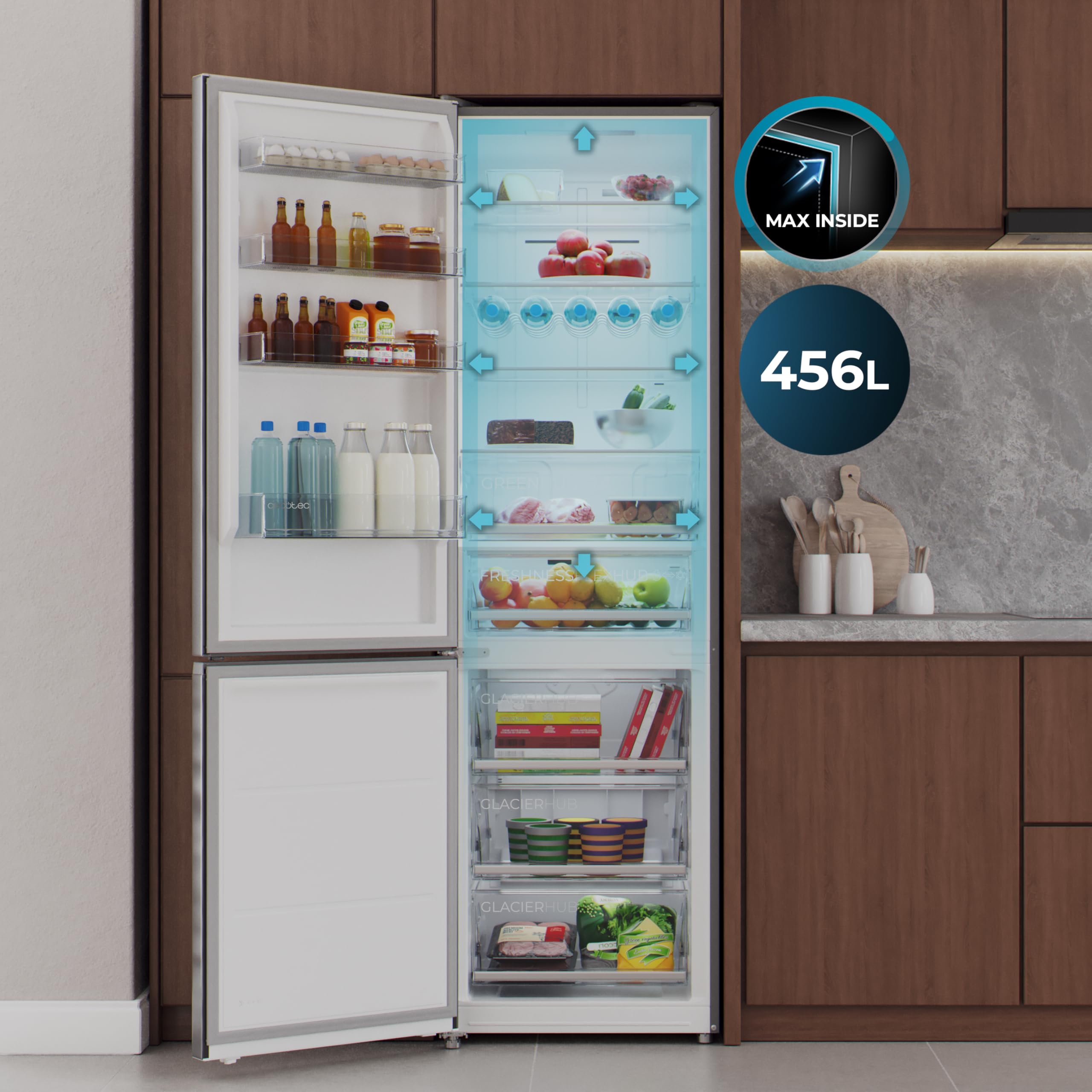 Cecotec Frigorífico Combi 456L Total No Frost Bolero CoolMarket Combi 456 Dark E. Altura 201cm y 59,5cm Ancho, MAX INSIDE con VIP Tech, Compresor Inverter Plus, Bajo Consumo, Bandejas Cristal, Dark