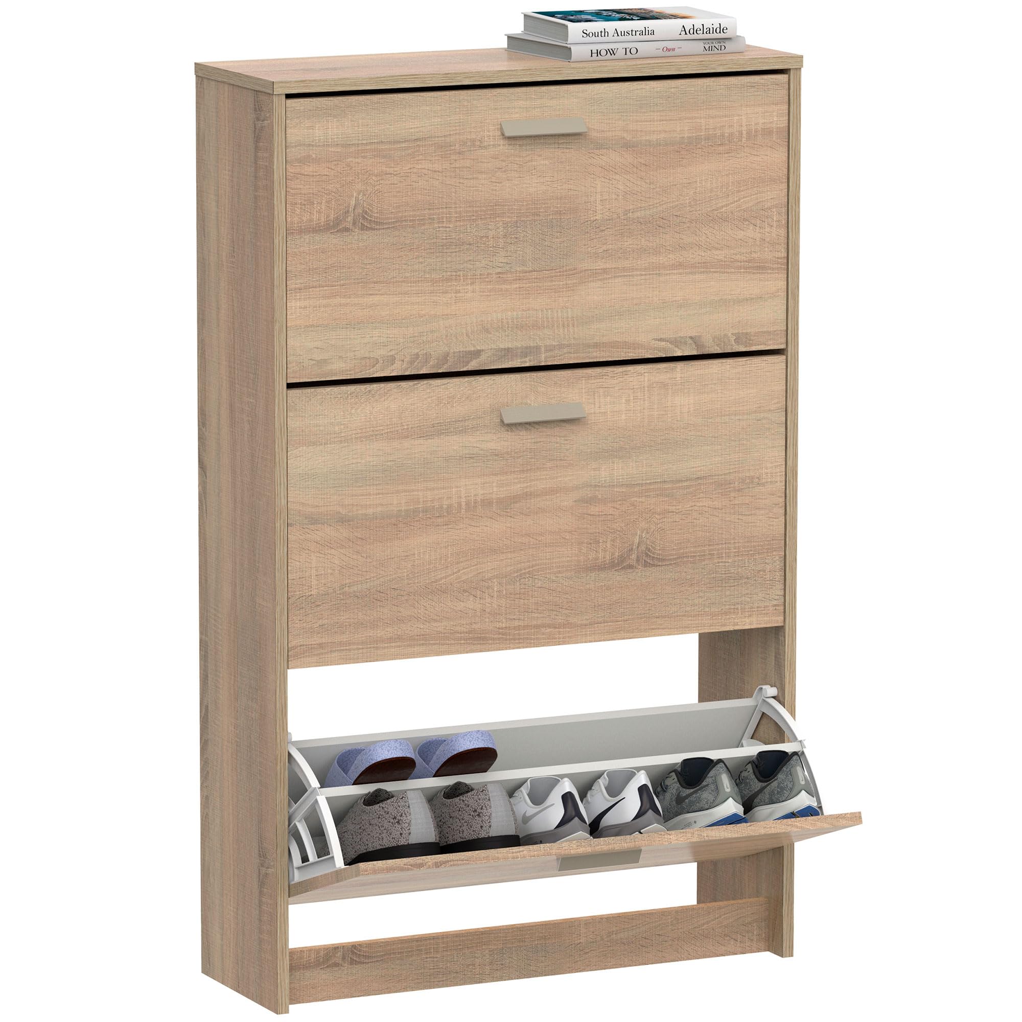 briebe Zapatero Entrada Recibidor, Mueble Auxiliar Estrecho de Madera para Zapatos, 3 Puertas, 119,5x74x25 cm (Alto x Ancho x Profundo), 18 Pares Aproximadamente, Nova (Roble Cambrian)