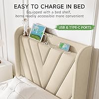 Vista 21 de koorlian Base de cama Queen con cabecero, base de cama tapizada ajustable con puertos tipo C y USB, cabecera de almacenamiento con respaldo de ala
