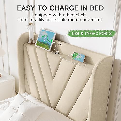Miniatura 3 de Base de cama tamaño matrimonial, marco de cama tapizado ajustable con puertos tipo C y USB, cabecera de almacenamiento con respaldo de ala, soporte