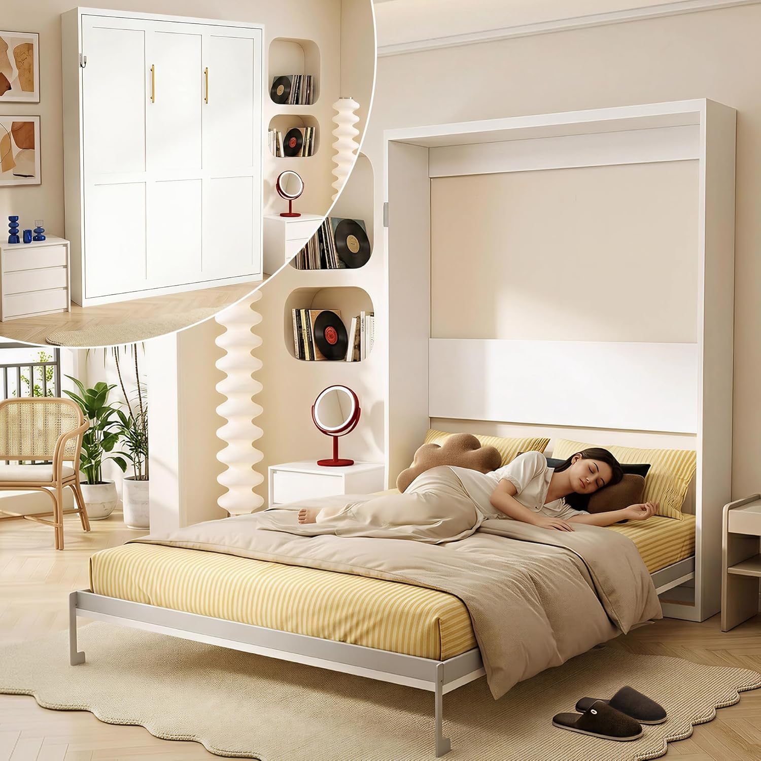 Olela Murphy Bed Cabinet Queen Size, Vertical Murphy Wall Bed Unit with 4-Hydraulic Lift System, Easy to Fold, Space Saving Hideaway Beds for Home Office Guest Room | 4-Hydraulic Lift