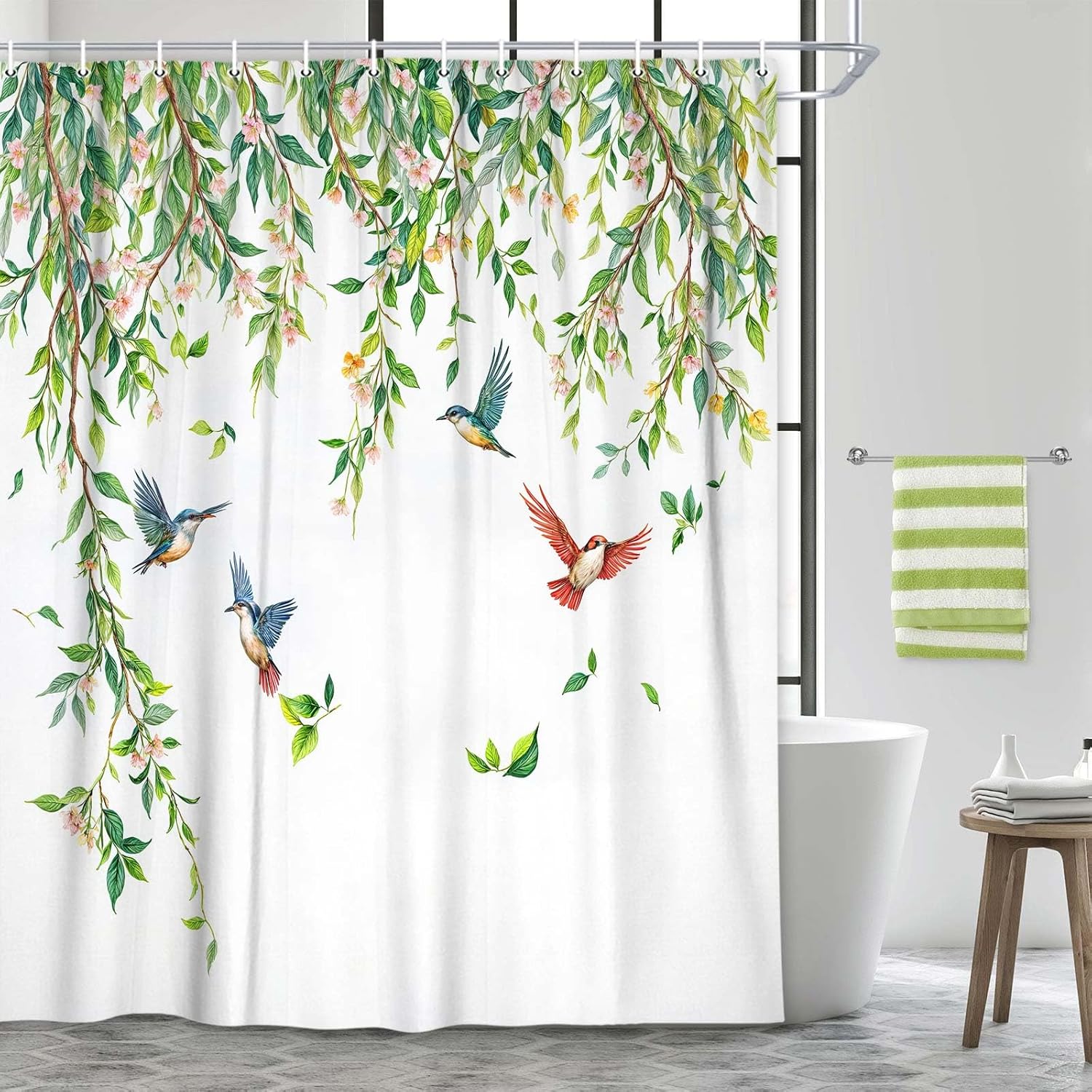 DYNH Green Leaves Birds Shower Curtain, Spring Green Leaves Branches with Floral Birds Bathroom Curtain,Polyester Fabric Waterproof Bath Curtain with 12 Hooks,72X84in