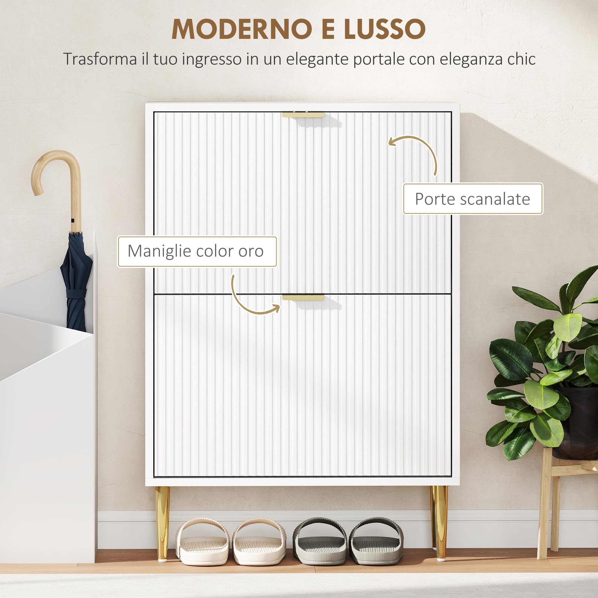HOMCOM Scarpiera Salvaspazio Slim con 2 Ante Scanalate a Ribalta, Scarpiera Ingresso Moderna in Legno con Ripiani Regolabili su 2 Livelli, Porta Scarpe per 12 Paia con Maniglia, 60x24x91.5 cm, Bianco