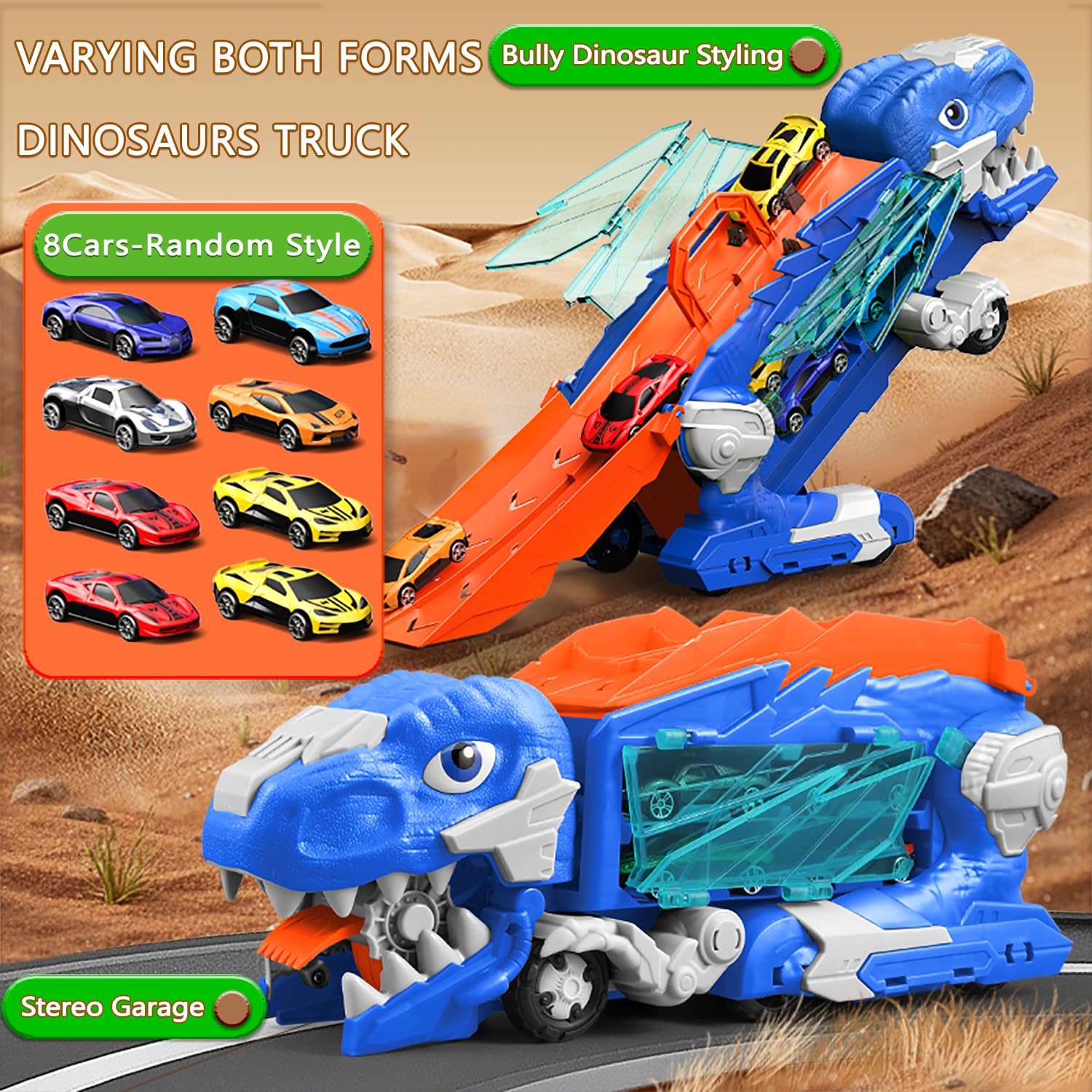 Dinosaurios Camión Juguete con 8 Coches,Coches de Juguete para Niños de 3,4,5,6+Años,Garajes,Circuito de Carreras,Transforma en Dinosaurio con Alas,Camión Transportador,Regalos de Cumpleaños para Niño