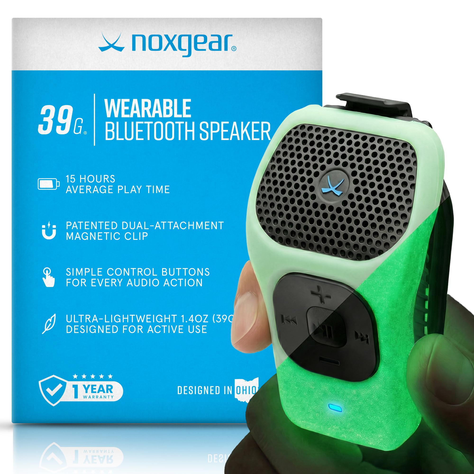 noxgear 39g Wearable Bluetooth Speaker, Mini Clip-On, Glow