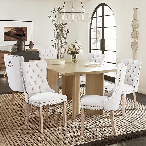 Miniatura 79 de Juego de 6 sillas de comedor de cuero, sillas laterales con respaldo alto, silla lateral tapizada moderna con anillo trasero de botón, patas de negro