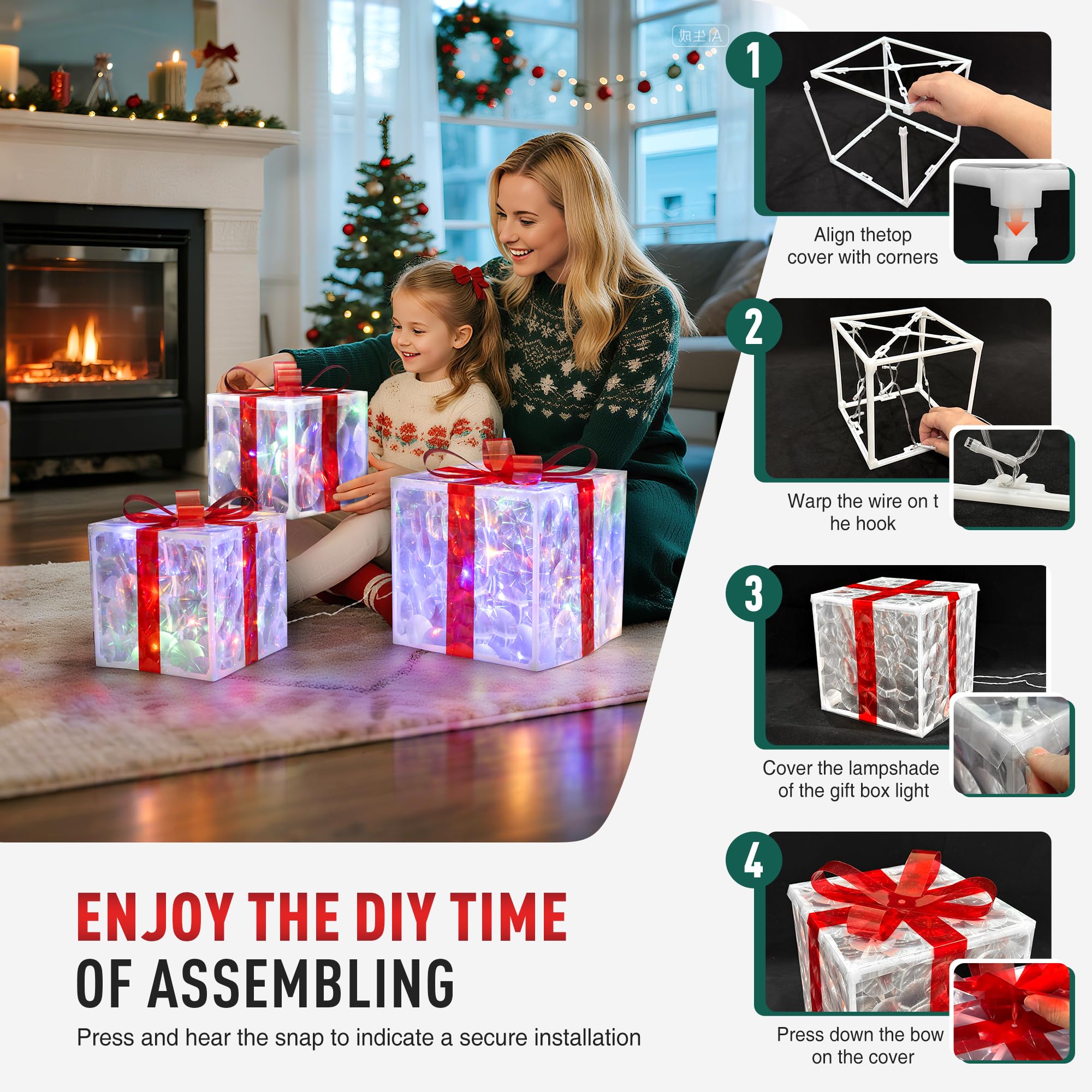Set di 3 scatole regalo pieghevoli illuminate con 50 LED, ideali per decorazioni natalizie all'aperto e decorazioni natalizie per interni, per abbellire la decorazione natalizia del pavimento