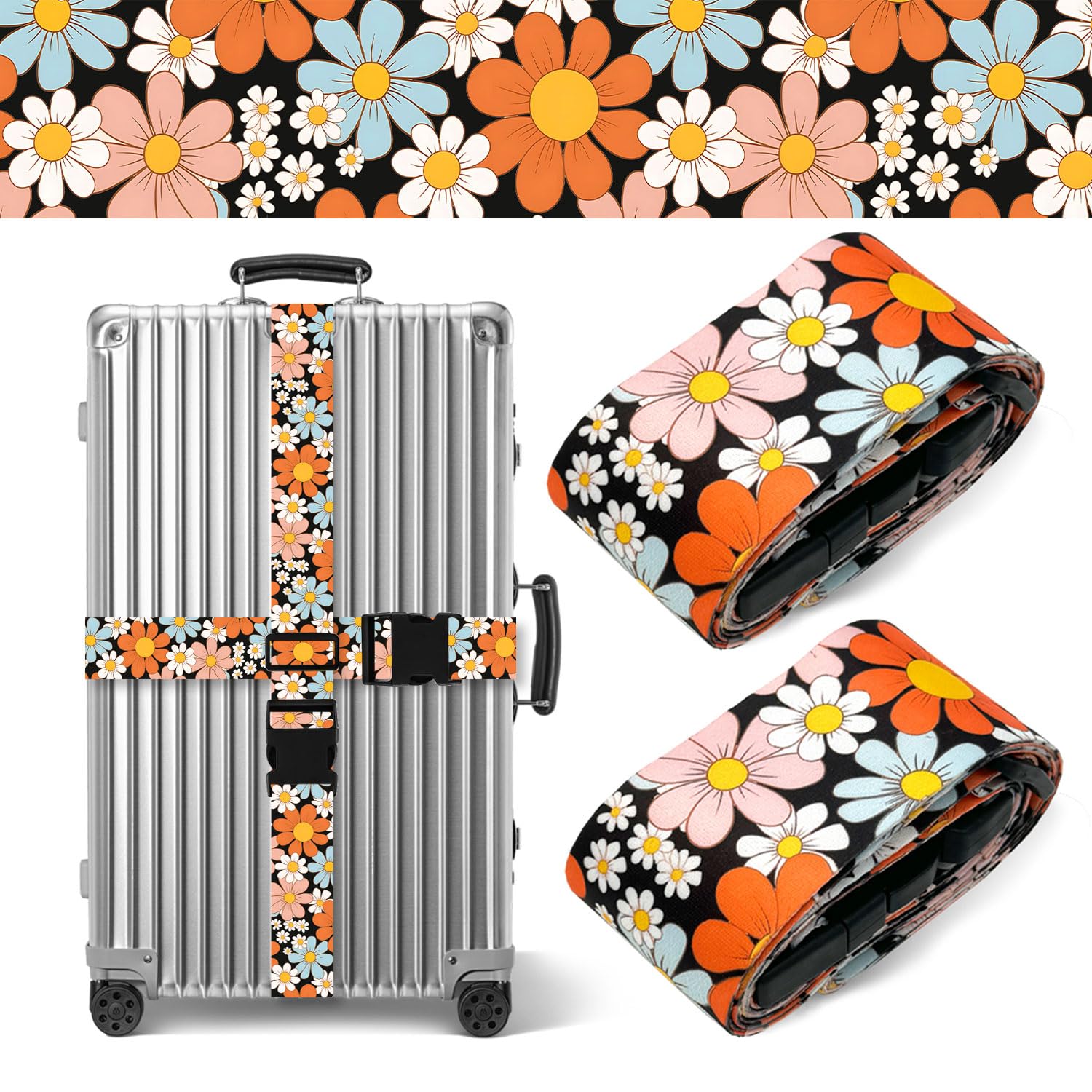 Luggage Straps for Suitcases Adjustable Travel Belt Luggage Tie Carry On Bag Suitcase Strap to Keep Suitcase Secure While Traveling 2 Pack (Orange Daisy)