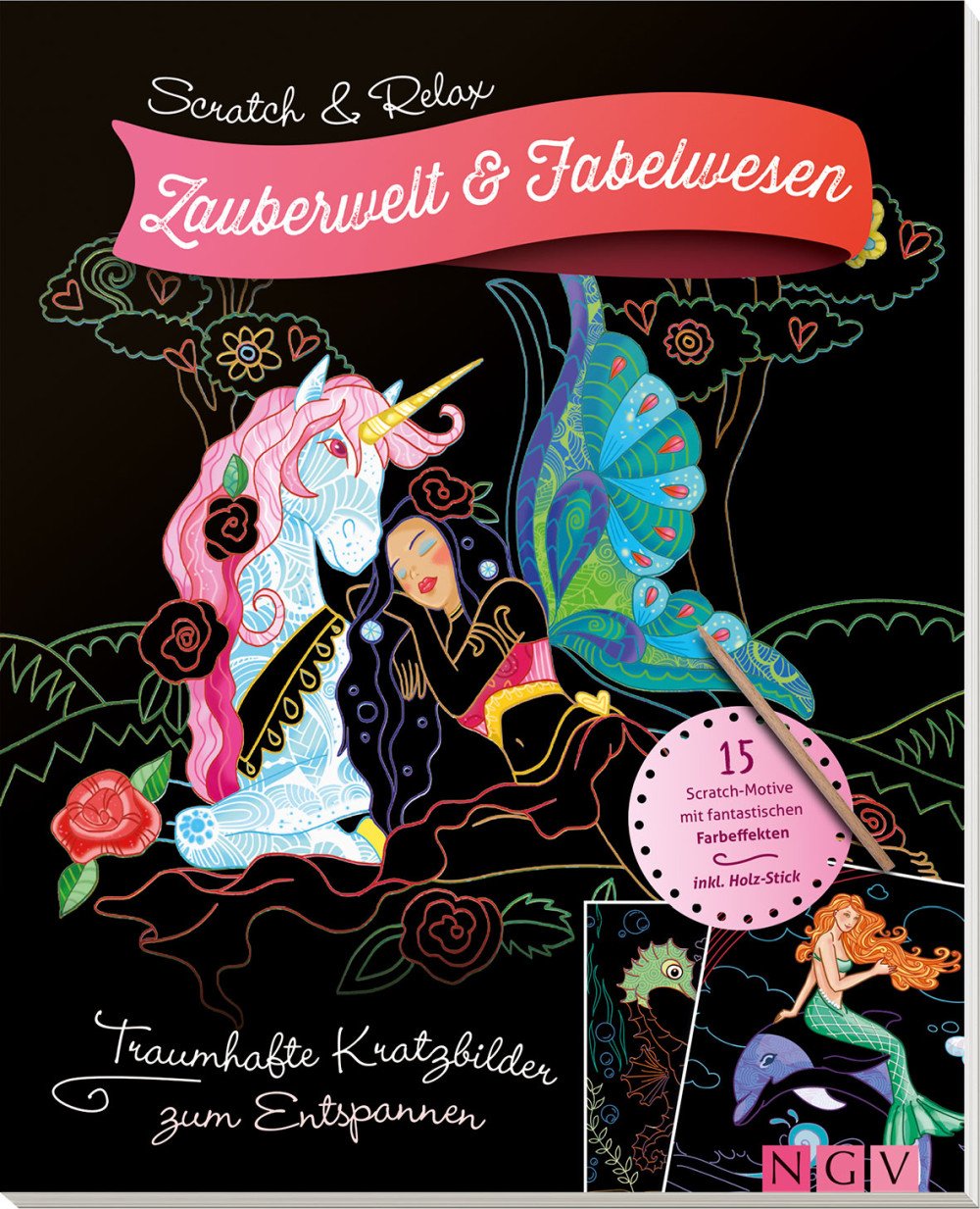 Kratzbilder avec stick bois motifs féeriques et paysages fantastiques