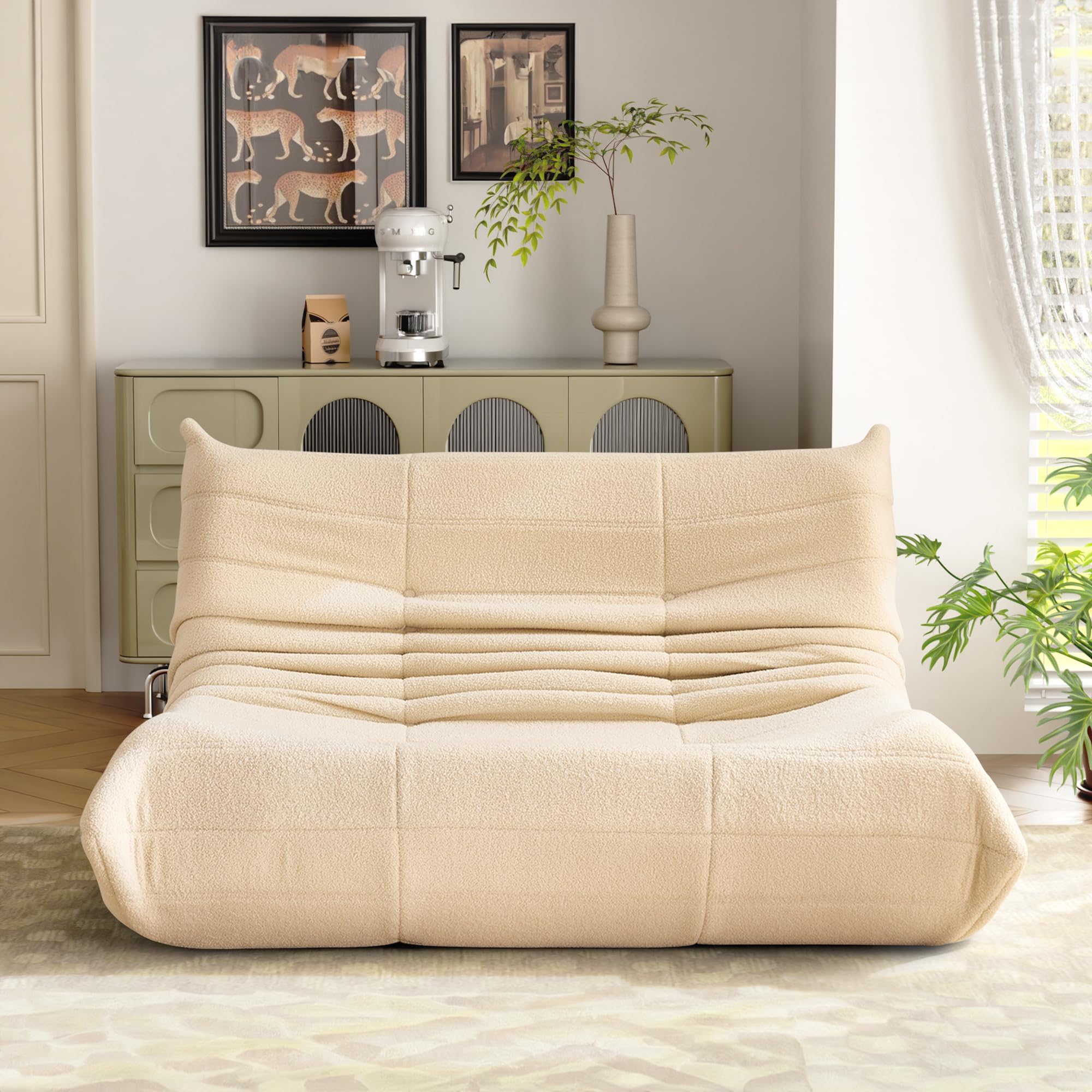 okwish Beanbag-Sofa, riesiges Doppelsofa, aus Teddy-Fleece-Material, übergroßes Lazy Sofa, ideal zum Lesen und Entspannen drinnen und draußen, Beige