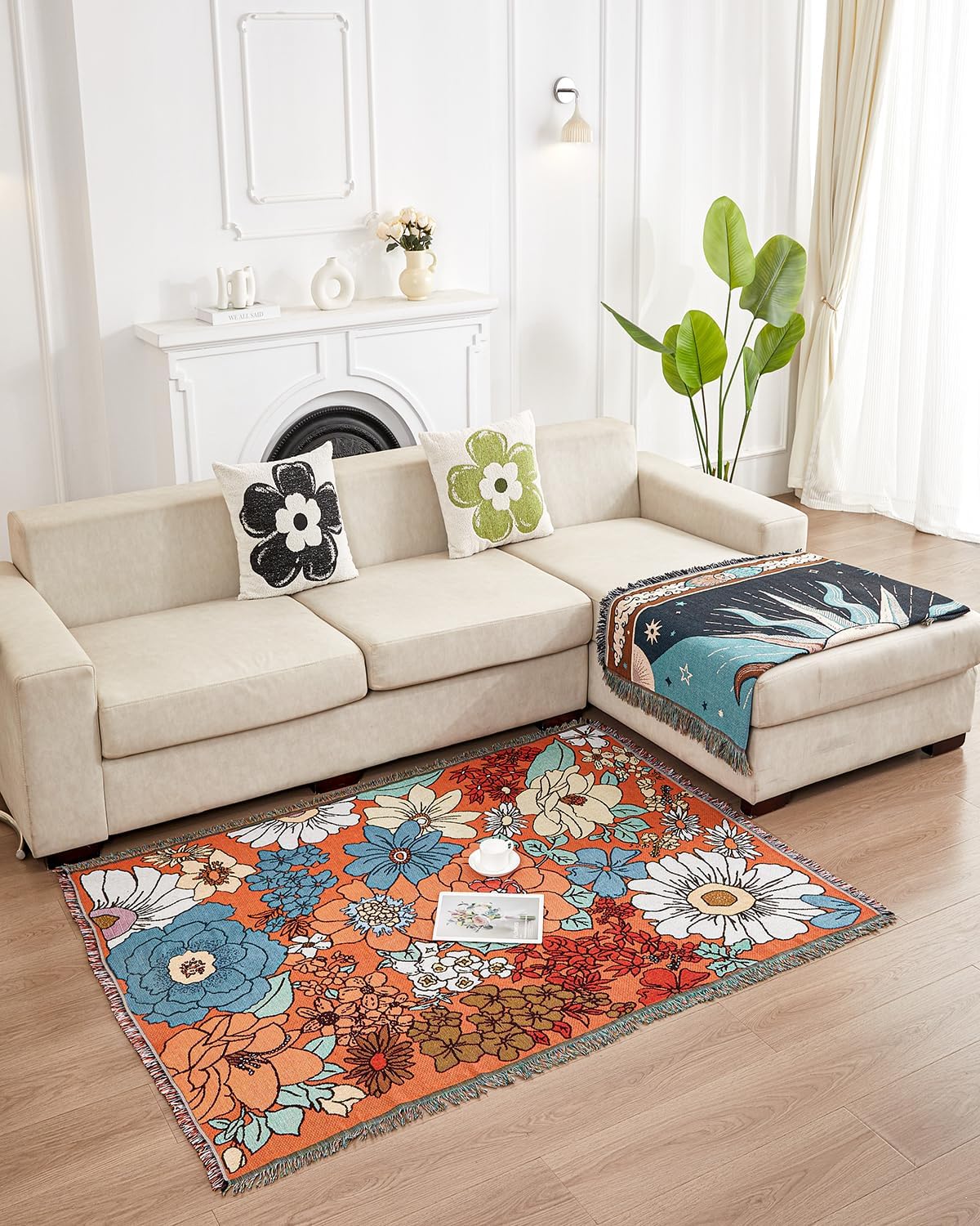 Erke Chair Recliner Cover Boho Throw Blanket Hippie Living Room Decor Wall Tapestry Outdoor Picnic Camping Rug Mattress Beach Towel Sofa Furniture Slipcover Bohemian 50”x70” Orange Florals - Image 5