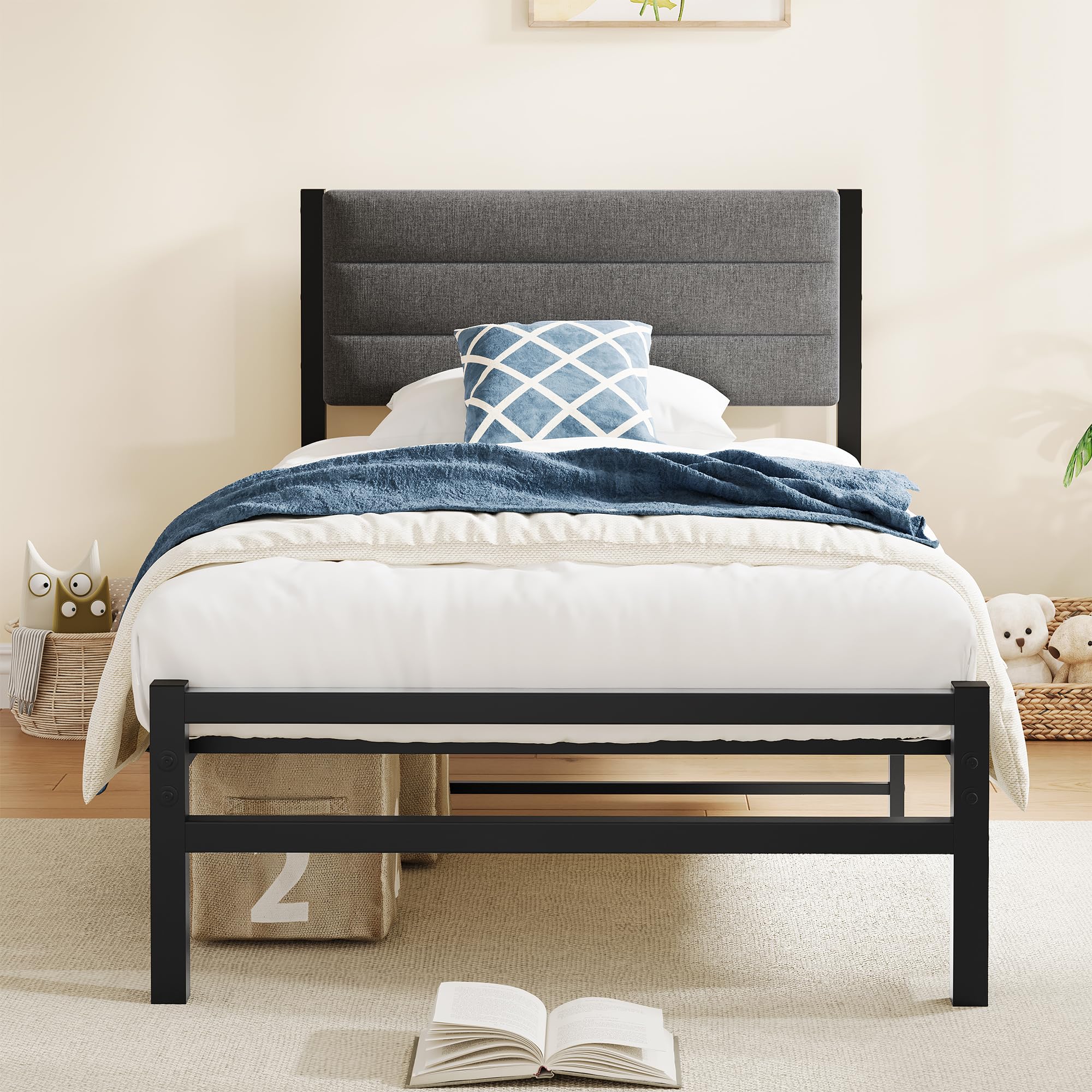 Diahomy Single Bed Frame with Storage, 3ft Upholstered Bed Frame,Dark Grey