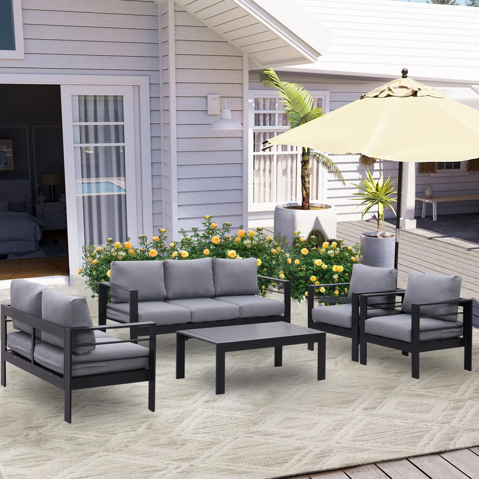 GLP Gartenmöbel Set Aluminium 6-7 Personen, Terassenmöbel Wetterfest mit Sofa, Tisch, Hocker & Kissen, Gartenlounge Set für Innen- und Außenbereich (Schwarz & Dunkelgrau)