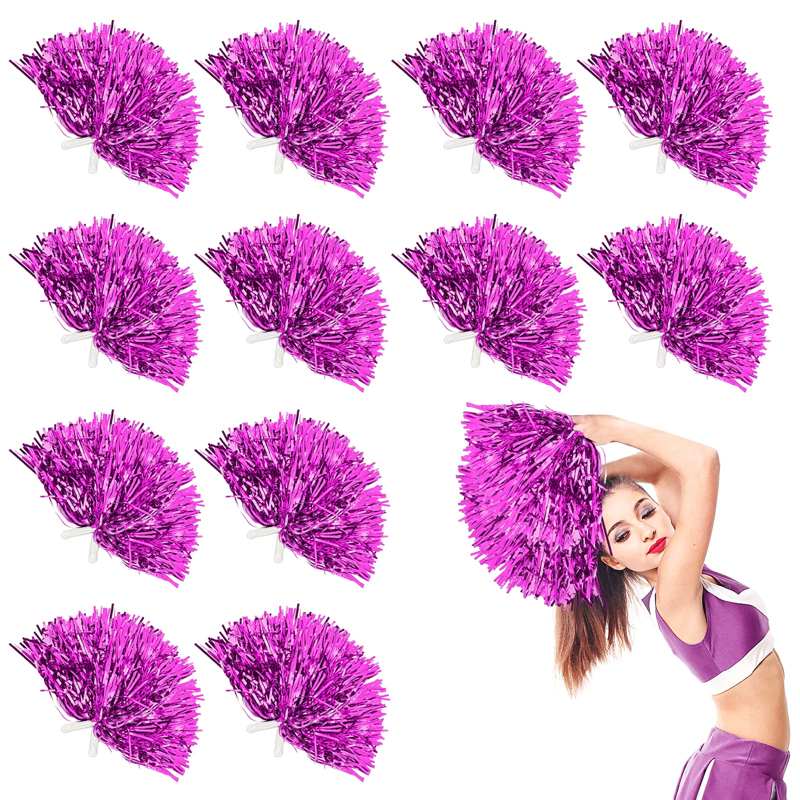 DILIBRA 24 Pcs Metallic Cheerleading Pom Poms with Baton Handle (Magenta)