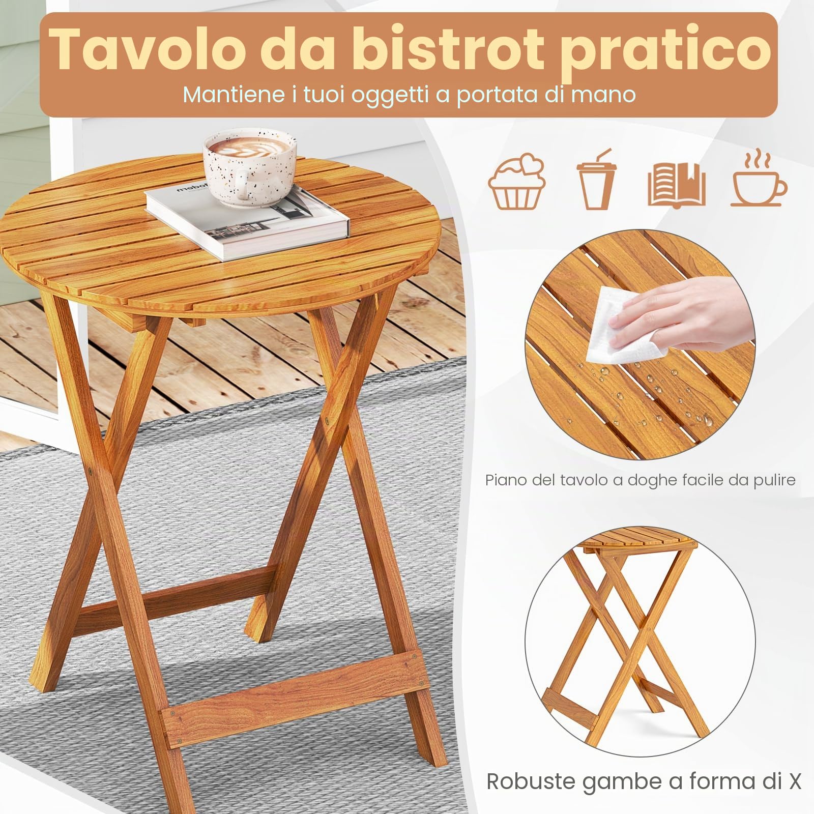 GIANTEX Set da Giardino 2 Posti in Legno di Acacia, Tavolo da Giardino Esterno con Sedia Pieghevole, 2 Cuscini Rimovibili, per Terrazza, Balcone, Bistrot (Grigio + Naturale)