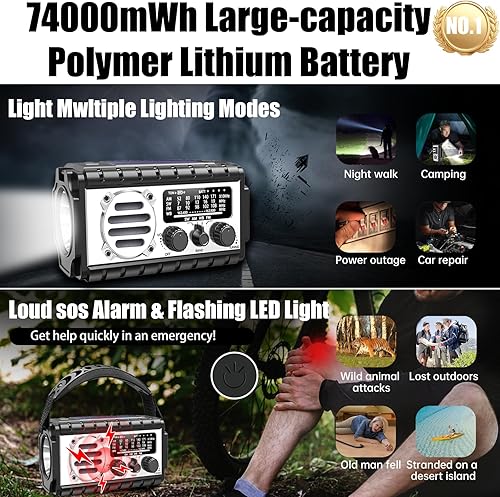 Miniatura 3 de Radio de emergencia, radio meteorológica de 20000 mAh74000 mWh, radio solar de manivela con clima AMFMNOAASW, linterna y lámpara de lectura, alarma